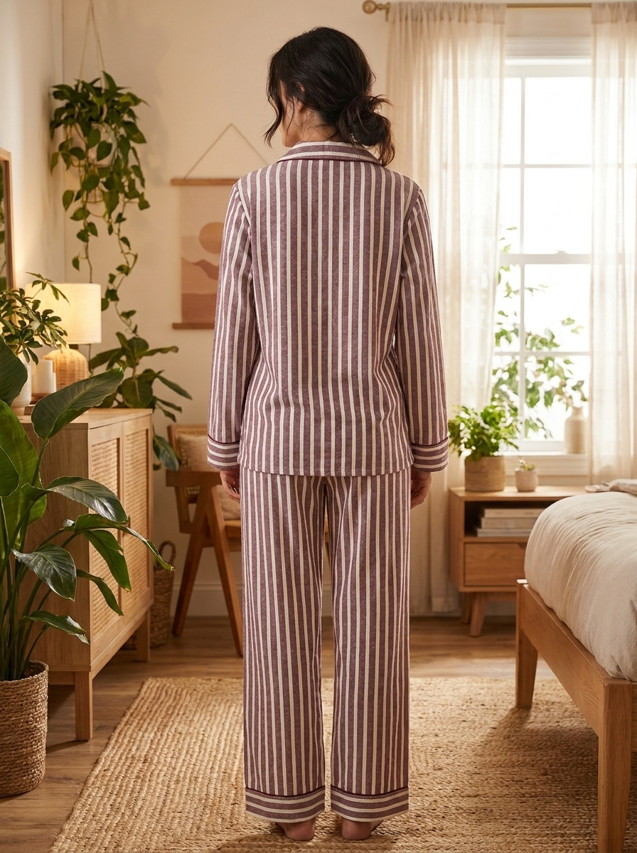 Women’s Cotton Striped Pajama Set - Long Sleeve Button-Down Sleepwear