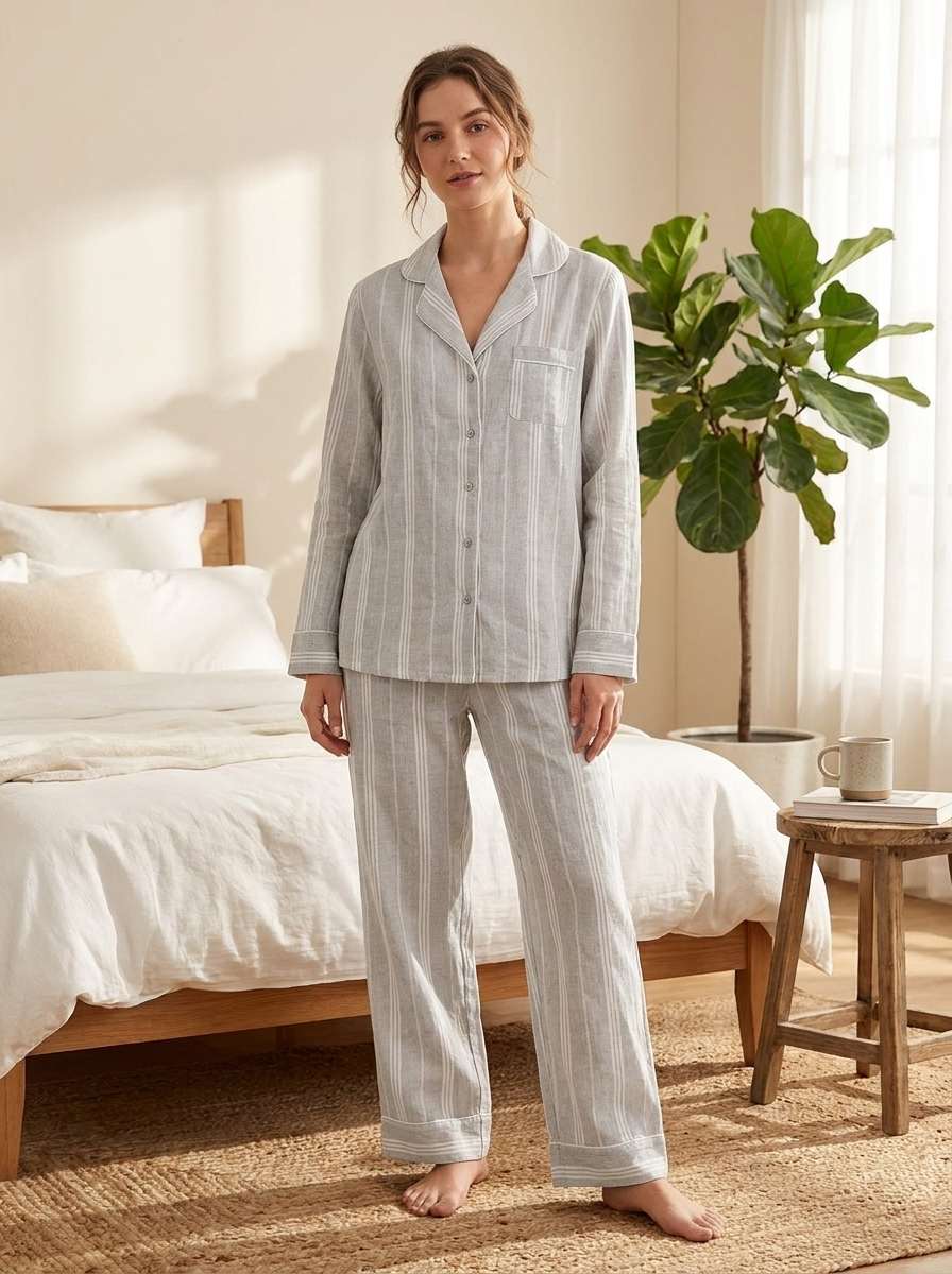 Women’s Cotton Striped Pajama Set - Long Sleeve Button-Down Sleepwear