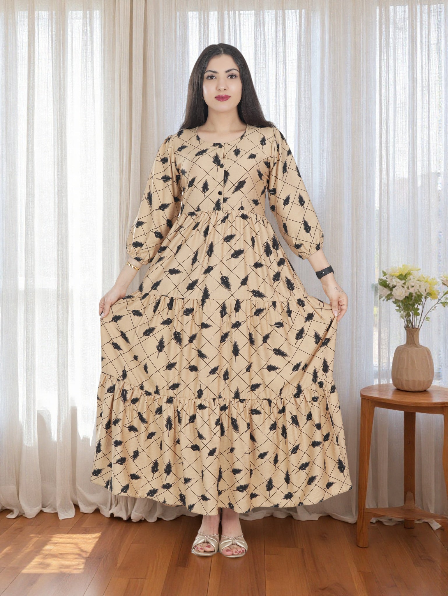 Women's Beige Printed Long Maxi Dress with Full Sleeves