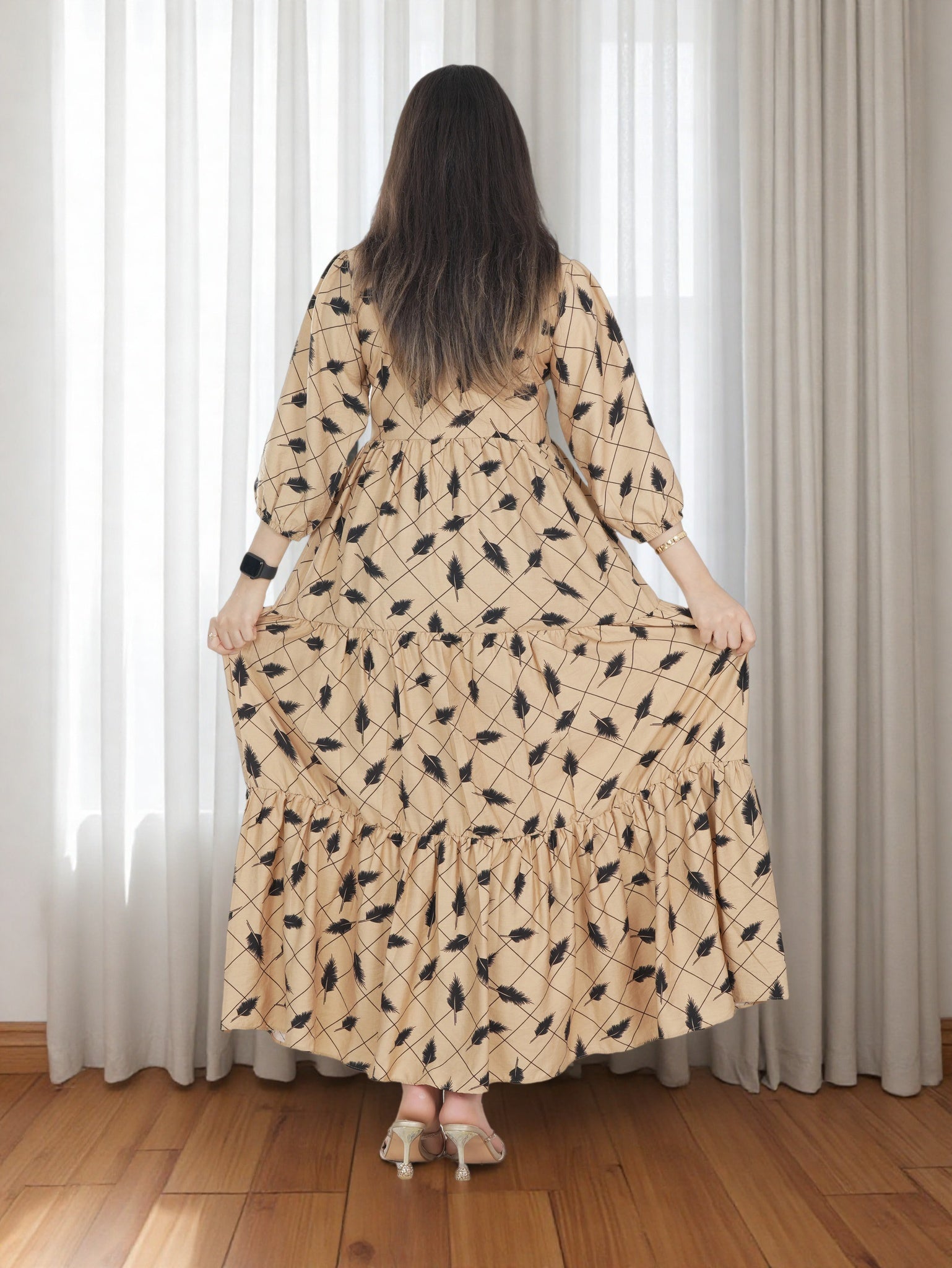 Women's Beige Printed Long Maxi Dress with Full Sleeves