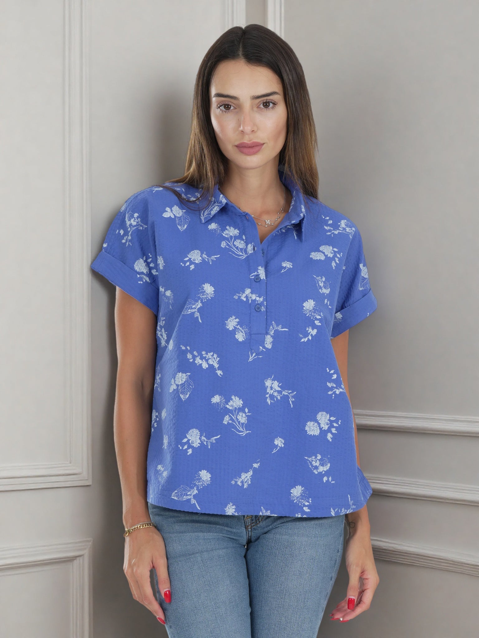 Women's Blue Floral Short Sleeve Collared Shirt