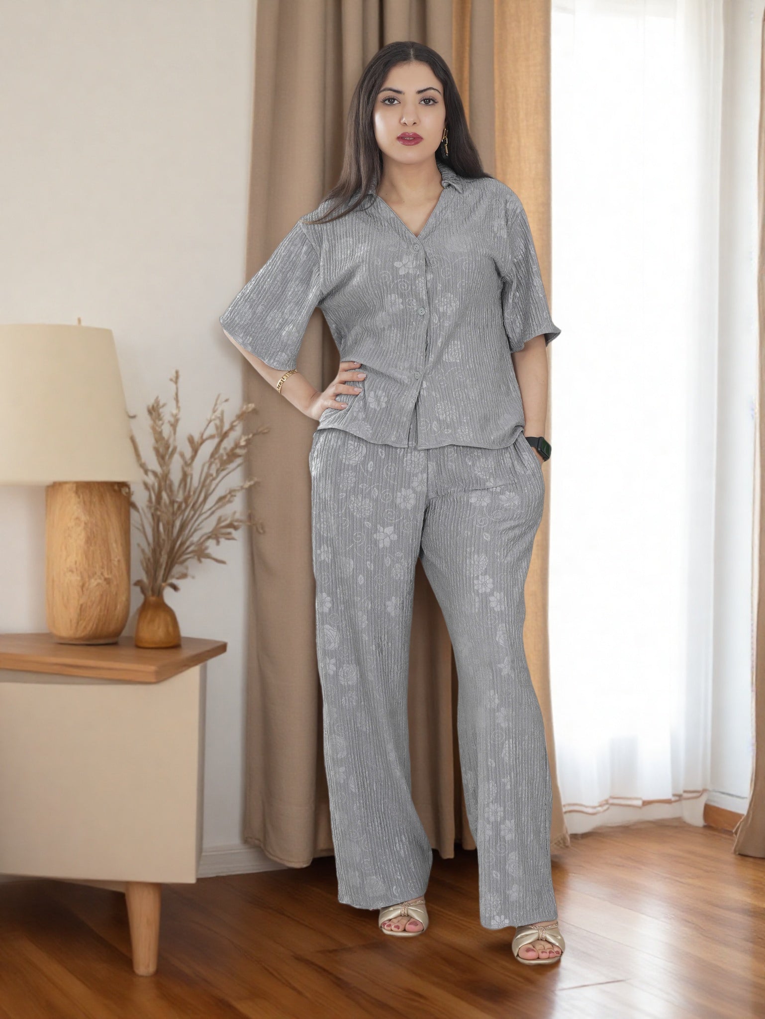 Women's Grey Printed Co-ord Set with Shirt and Trousers