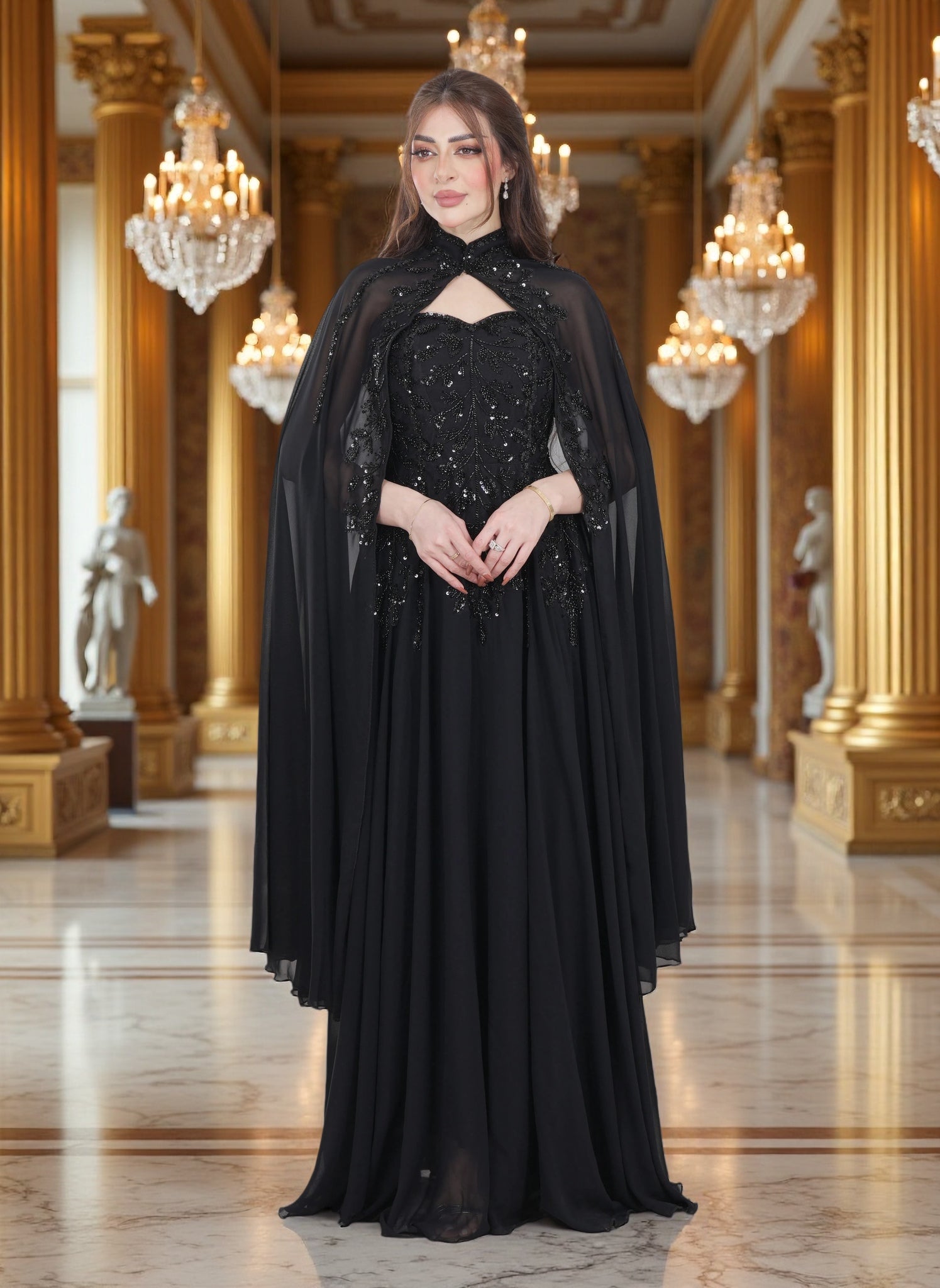 Luxury Embroidered Evening Gown with Cape Overlay