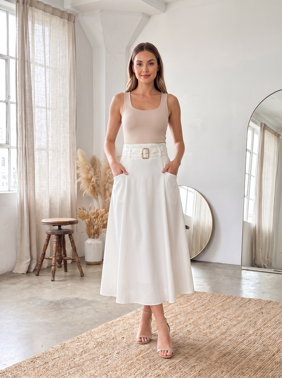 Women's Belted Midi Skirt – High Waist Flared A-Line Casual Skirt with Pockets