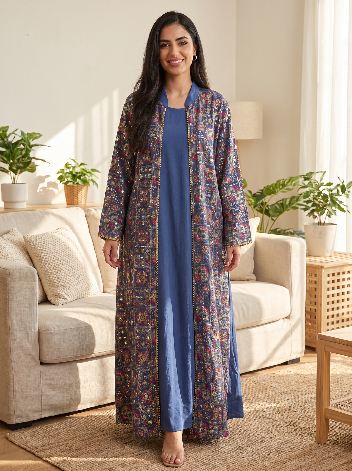 A woman stands barefoot in a bright living room wearing a long blue dress under a matching long open-front jacket with dense multicolor floral and geometric embroidery. The room has a beige sofa, plants, and warm natural light.