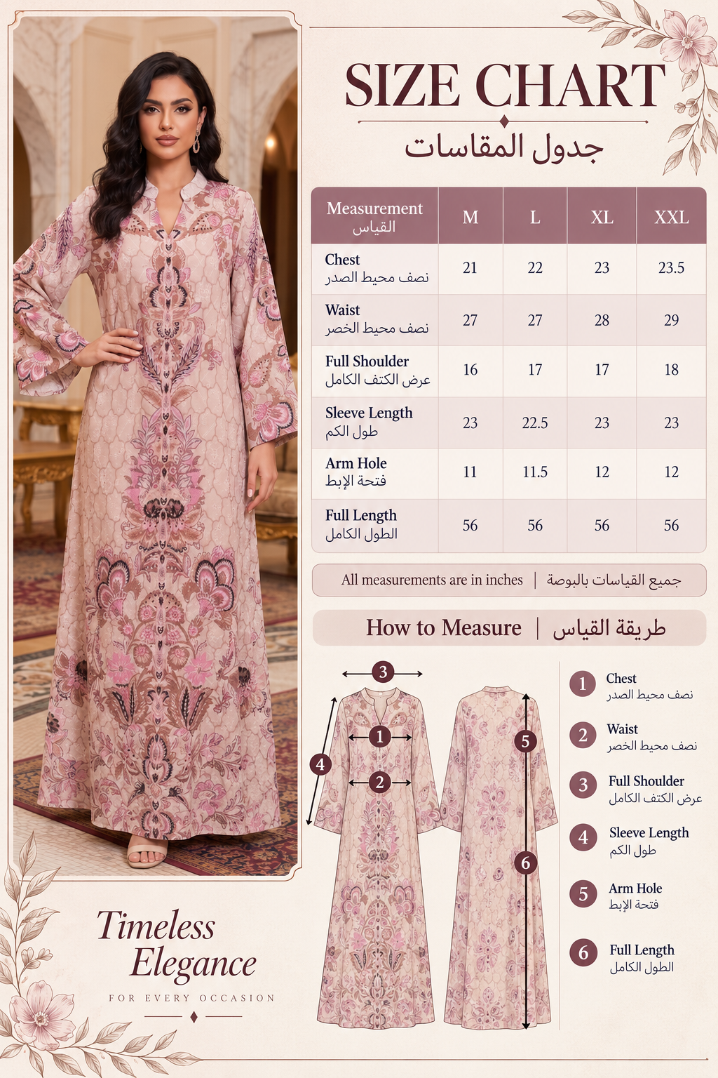 A size chart and measurement guide for a long pink embroidered dress, featuring a model wearing the dress on the left, a measurement table for sizes M, L, and XL, and step-by-step measurement instructions on the right.