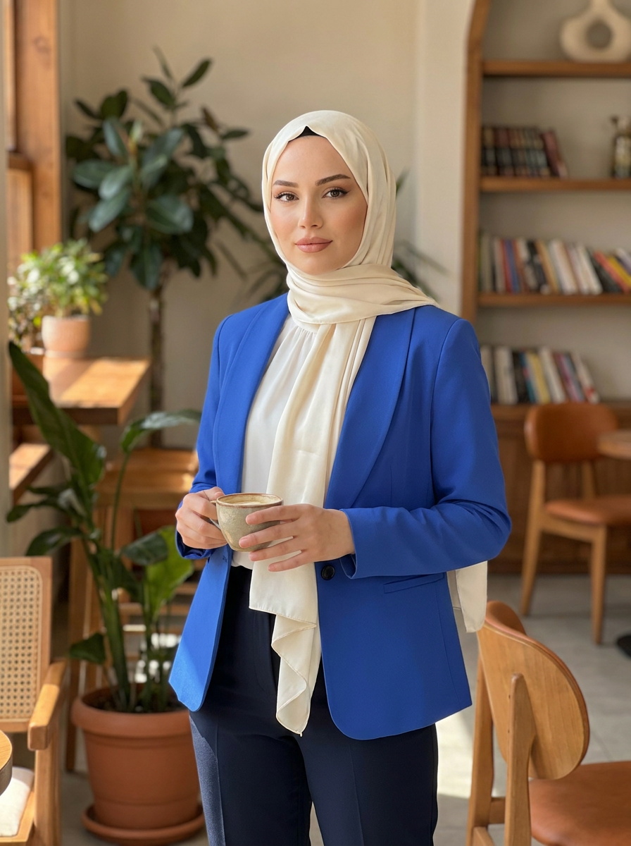 Woman in a blue blazer holding a cup in a cozy indoor setting with plants and books.