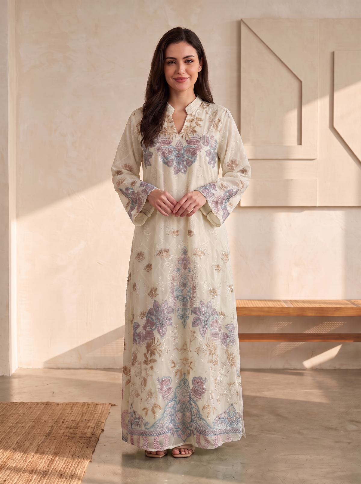A woman stands indoors wearing a long cream-colored embroidered kurta with pastel floral motifs in lavender, blue, and beige. The room has a textured beige wall, a wooden bench, and soft natural light casting shadows.