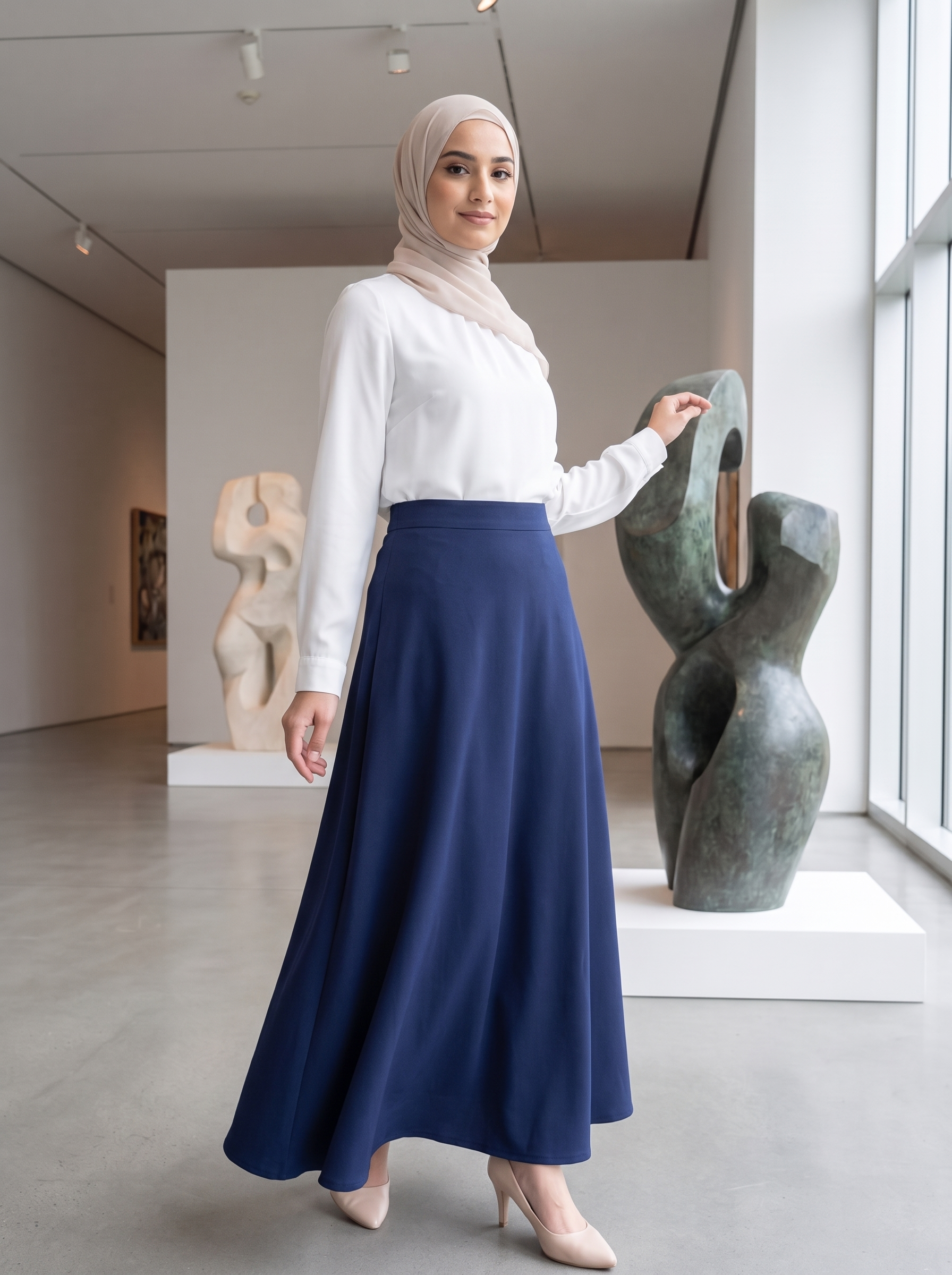 A woman wearing a white long-sleeve blouse and a navy blue maxi skirt stands in a modern art gallery, posing next to abstract sculptures.