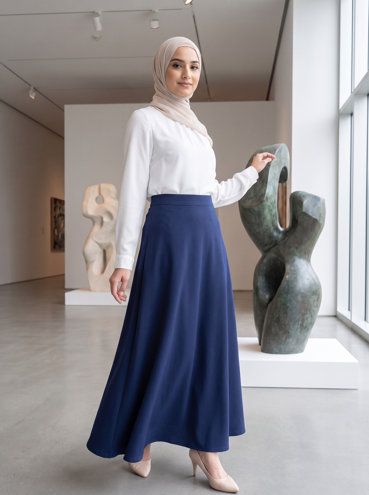 A woman wearing a white long-sleeve blouse and a navy blue maxi skirt stands in a modern art gallery, posing next to abstract sculptures.