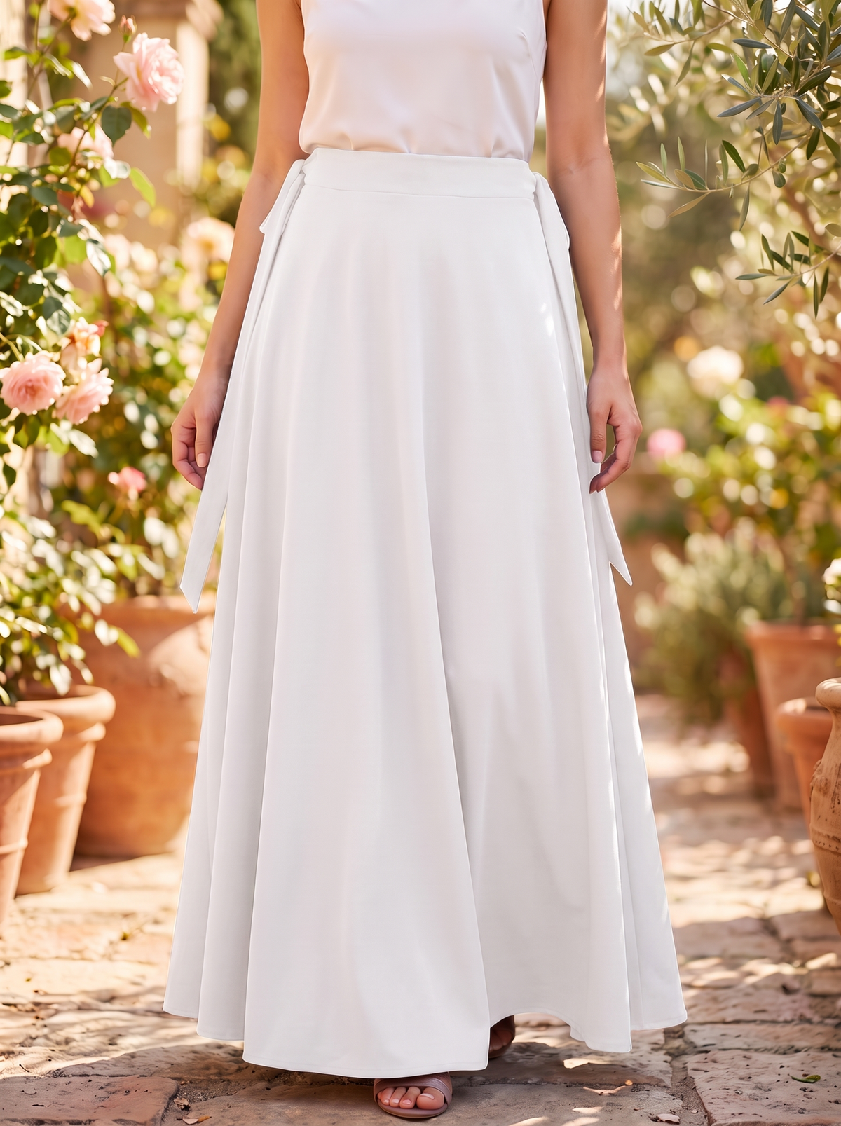 A woman wearing a long white wrap maxi skirt with a matching top, standing outdoors in a garden setting with potted roses.