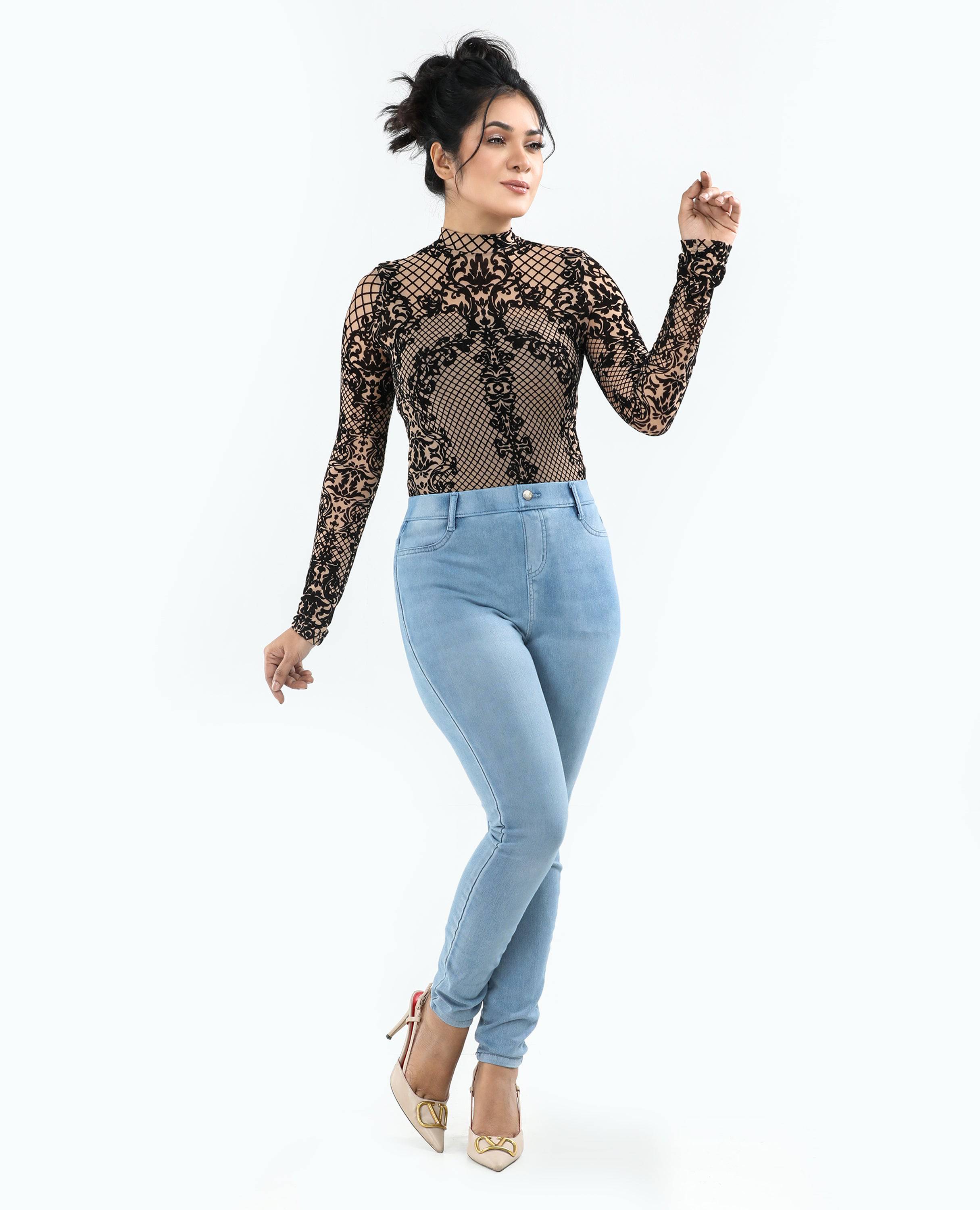 Women's Jeggings FineLook – Comfortable and Stylish Leggings sky light blue color front side picture