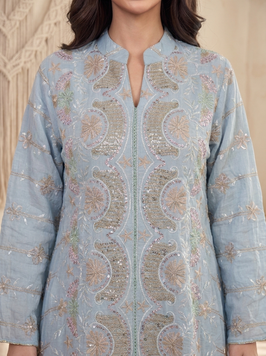 A light blue embroidered tunic top with intricate metallic gold, silver, and pink floral patterns, shown on a model against a neutral beige background.