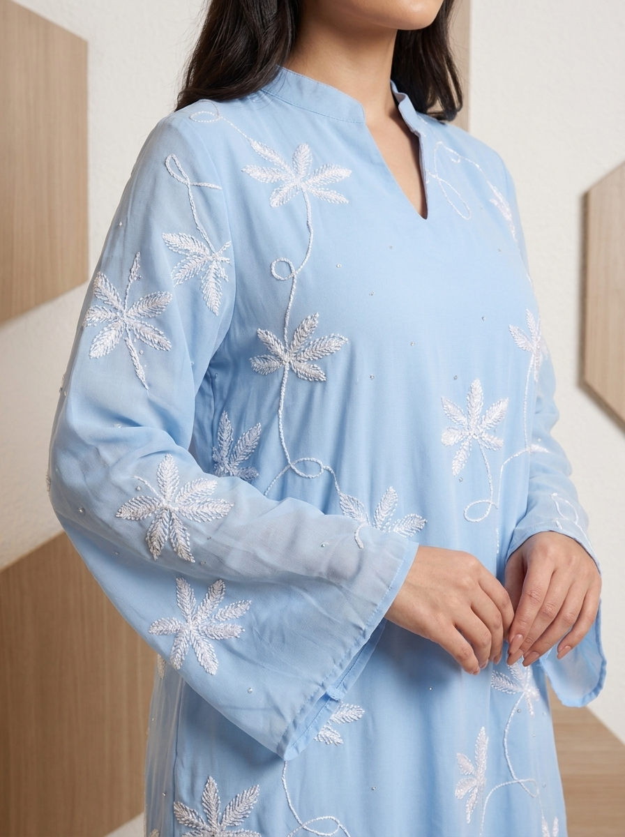 A woman wearing a light blue long-sleeve tunic or kurta with white floral embroidery, shown from the shoulders to the waist in a softly lit indoor setting.