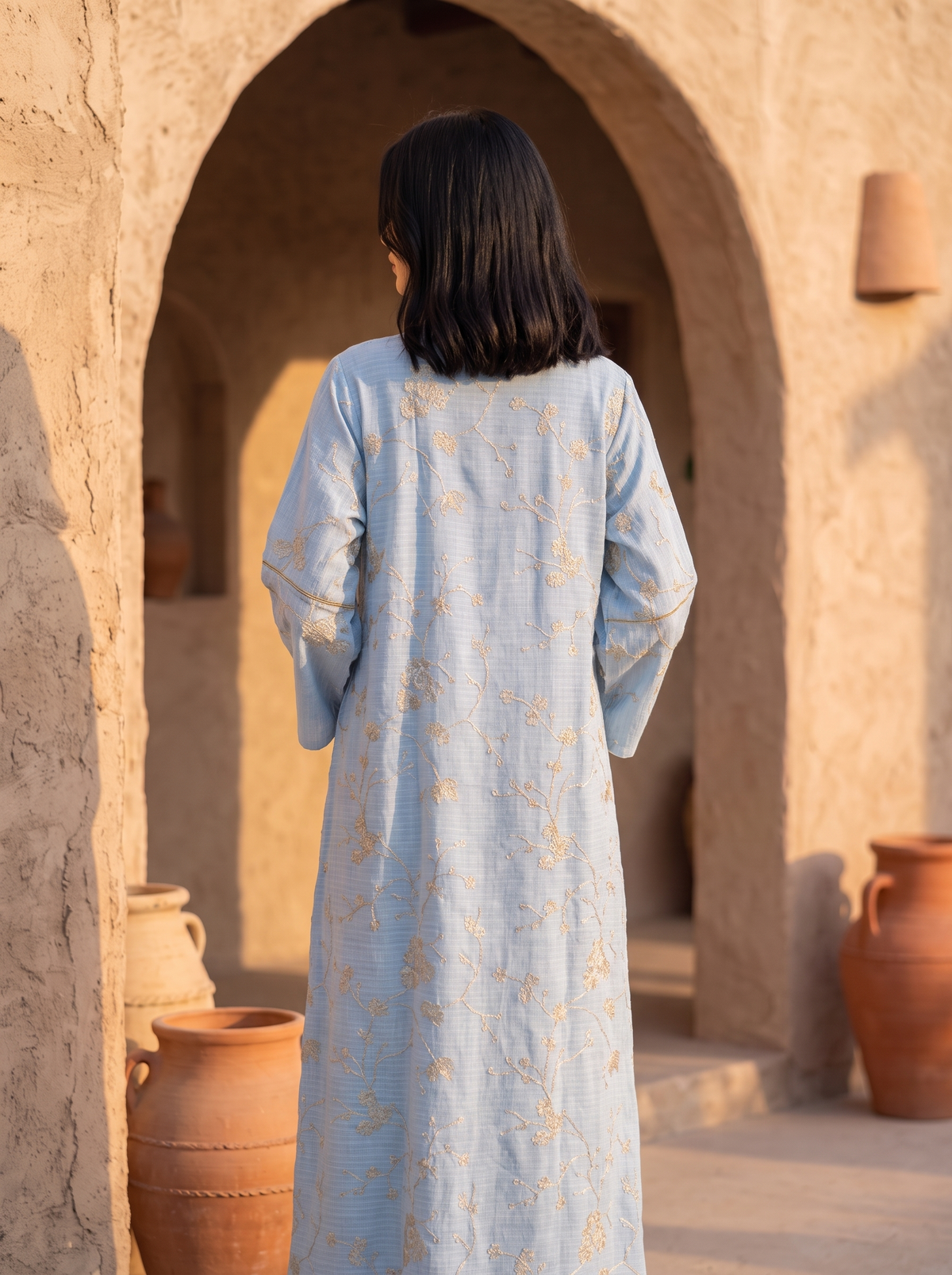 A woman viewed from behind wearing a light blue long-sleeved kaftan dress with a subtle gold floral pattern, standing in front of a rustic beige adobe archway with terracotta pots.