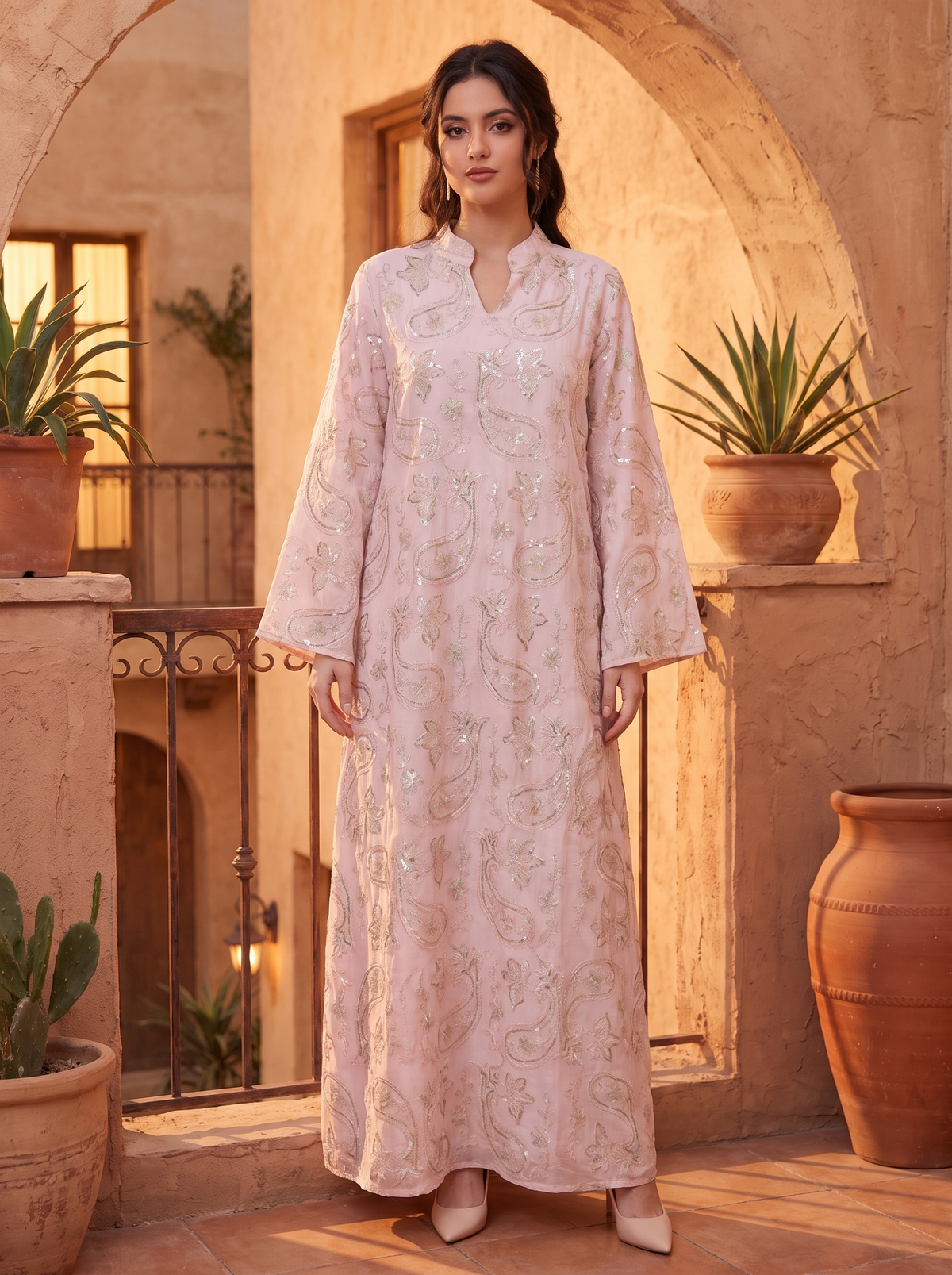 A woman stands in a warm, sunlit courtyard wearing a long, light pink embroidered dress with wide sleeves and a V-neckline. The dress features intricate metallic embroidery.