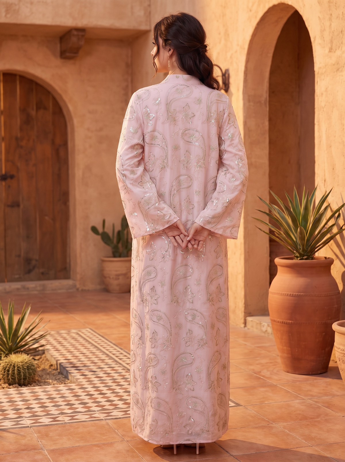 A woman stands with her back to the camera wearing a long, light pink embroidered dress with metallic paisley patterns in a warm, rustic courtyard setting.