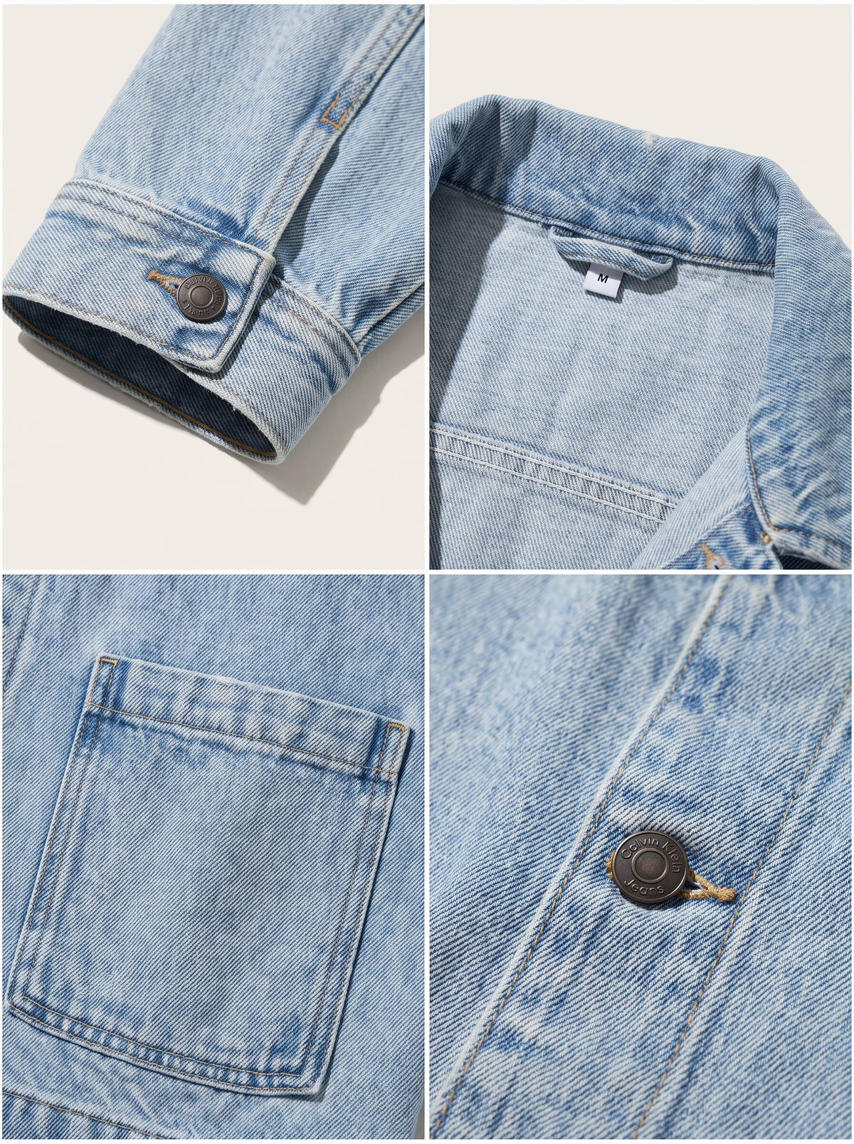 A four-panel close-up collage of a light blue denim jacket, showing the sleeve cuff with a button, the inner collar area, a front pocket, and the button placket.