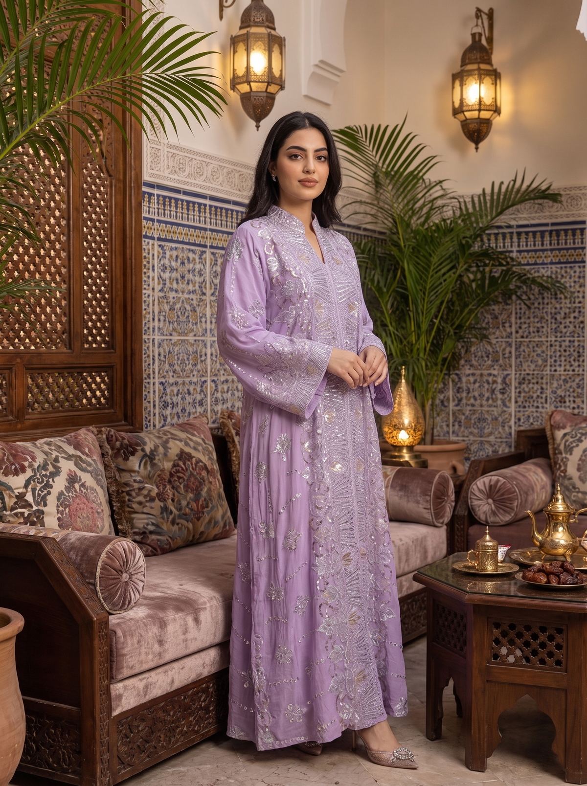 A woman models a lavender purple long-sleeve kaftan dress with intricate silver embroidery in a traditional Moroccan-style room with blue tiles, wooden furniture, and warm wall lanterns.