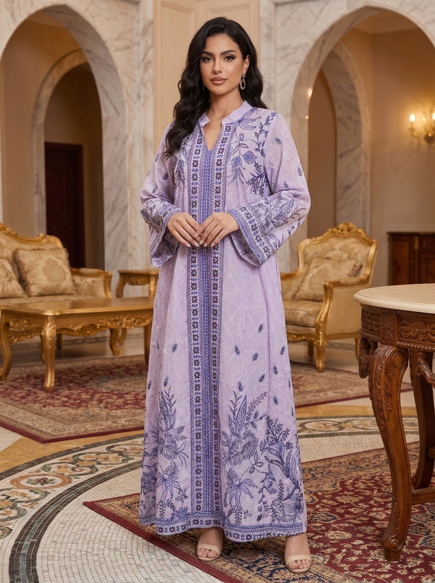 A woman models a lavender purple maxi kurta with blue floral embroidery and geometric borders, standing in an elegant, ornate room with marble arches and gold furniture.