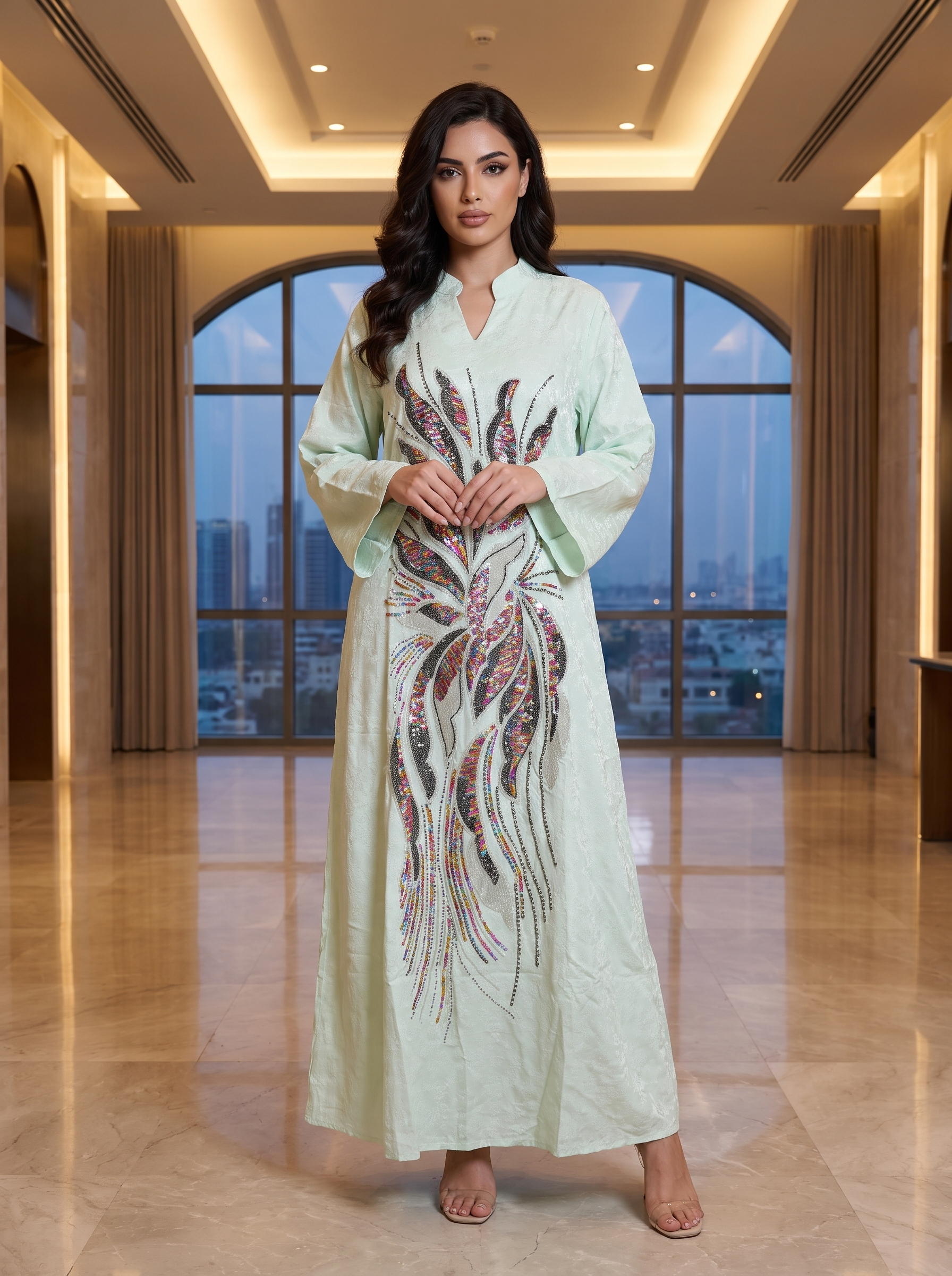 A woman stands in a luxurious indoor setting wearing a light mint green kaftan dress with a large, colorful embroidered phoenix design on the front. The dress features wide sleeves, a split neckline, and a floor-length silhouette.