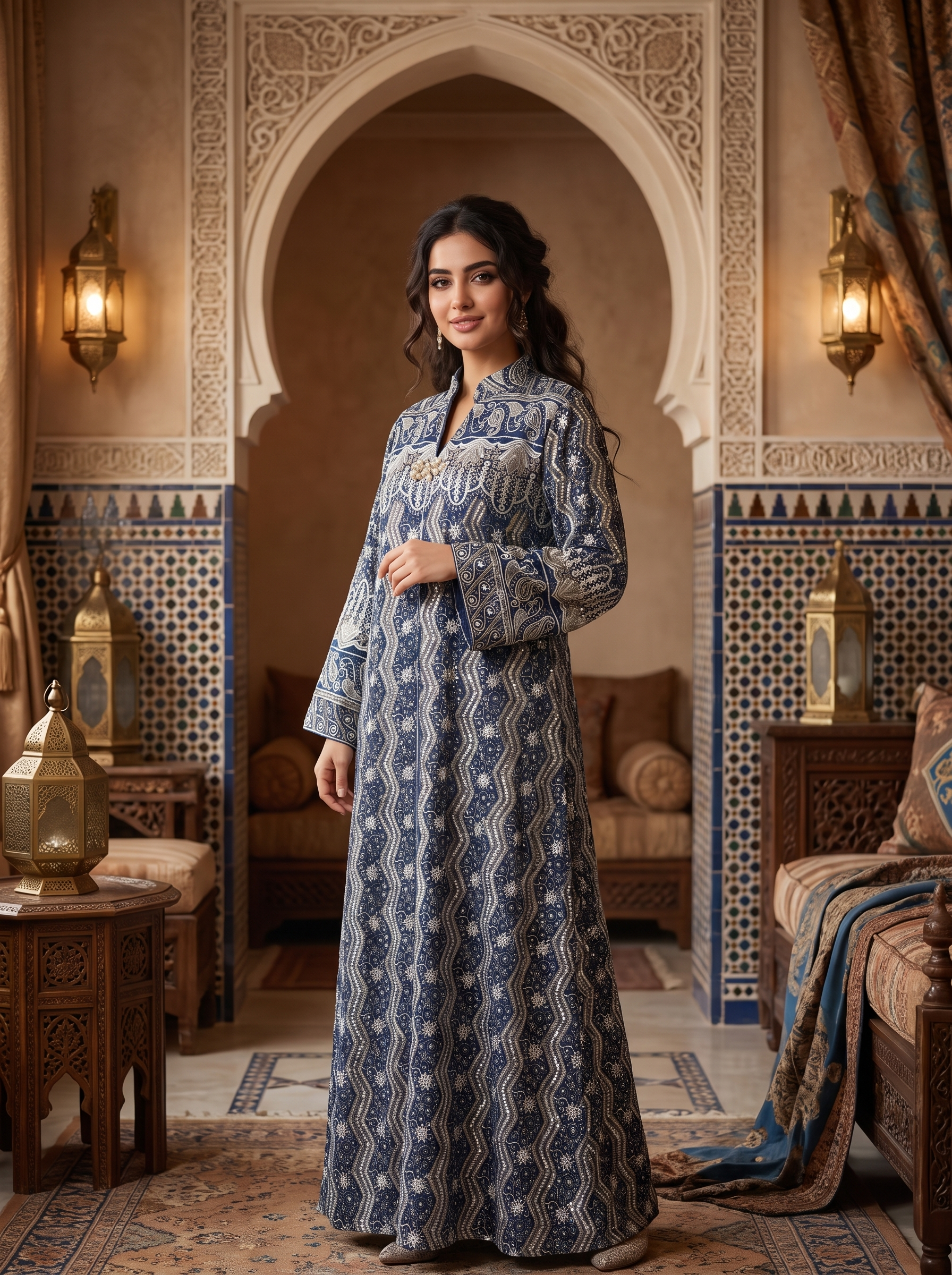 A woman stands in a richly decorated Moroccan-style room wearing a long-sleeved, floor-length blue and white patterned kaftan dress. The background features intricate arches, warm-toned walls, and traditional lanterns.