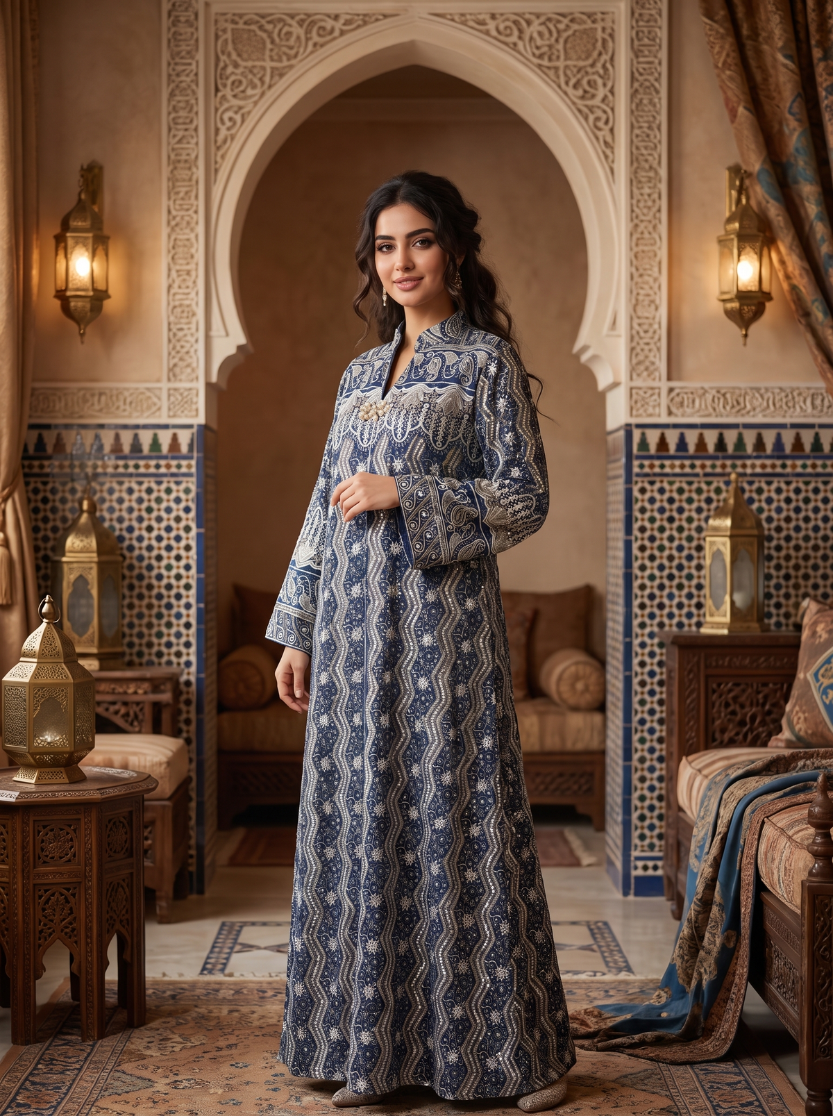 A woman stands in a richly decorated Moroccan-style room wearing a long-sleeved, floor-length blue and white patterned kaftan dress. The background features intricate arches, warm-toned walls, and traditional lanterns.