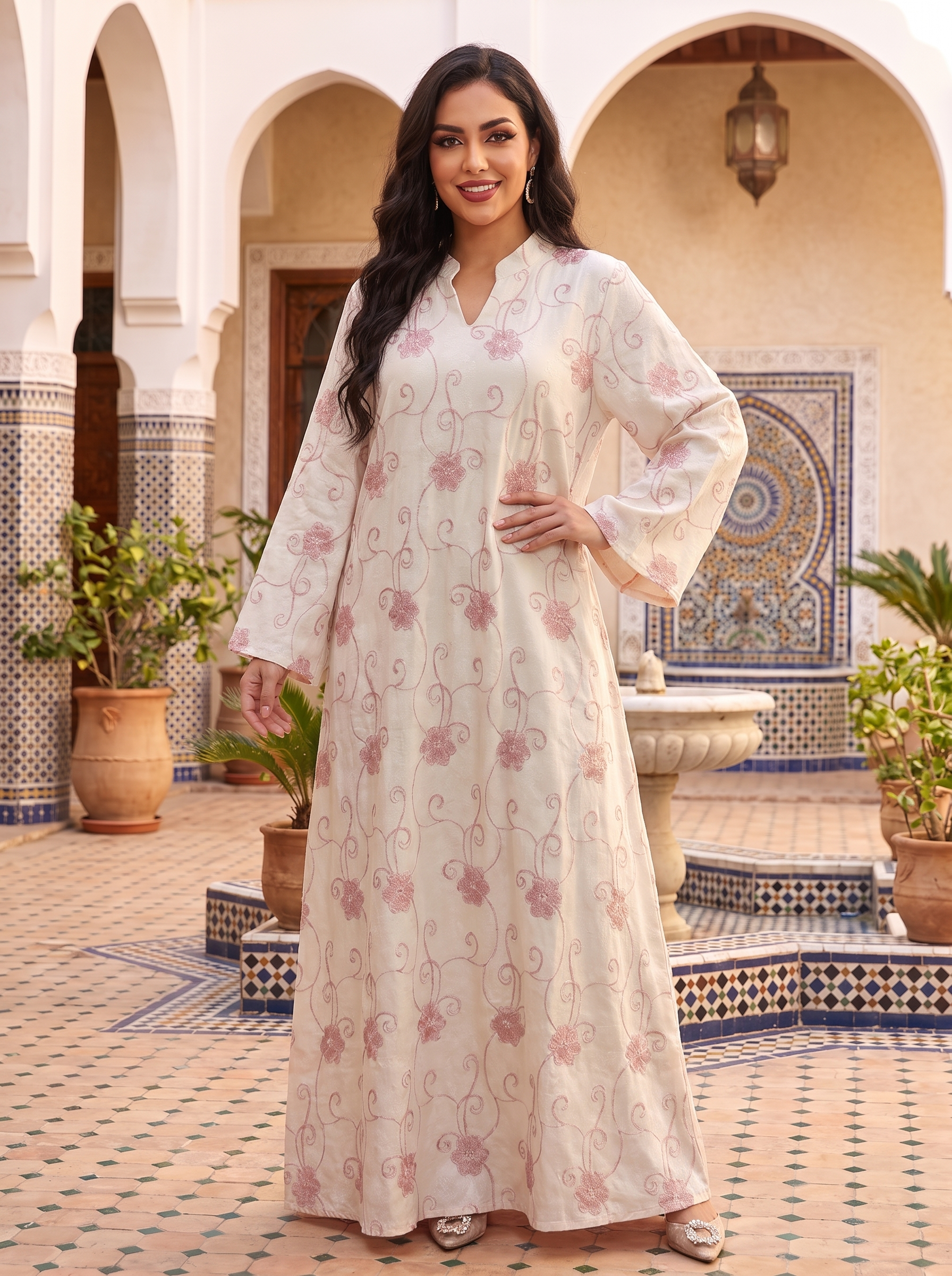 A woman modeling a long cream-colored embroidered tunic or kaftan with pink floral patterns, standing in a Moroccan-style courtyard with arches and tiled floors.