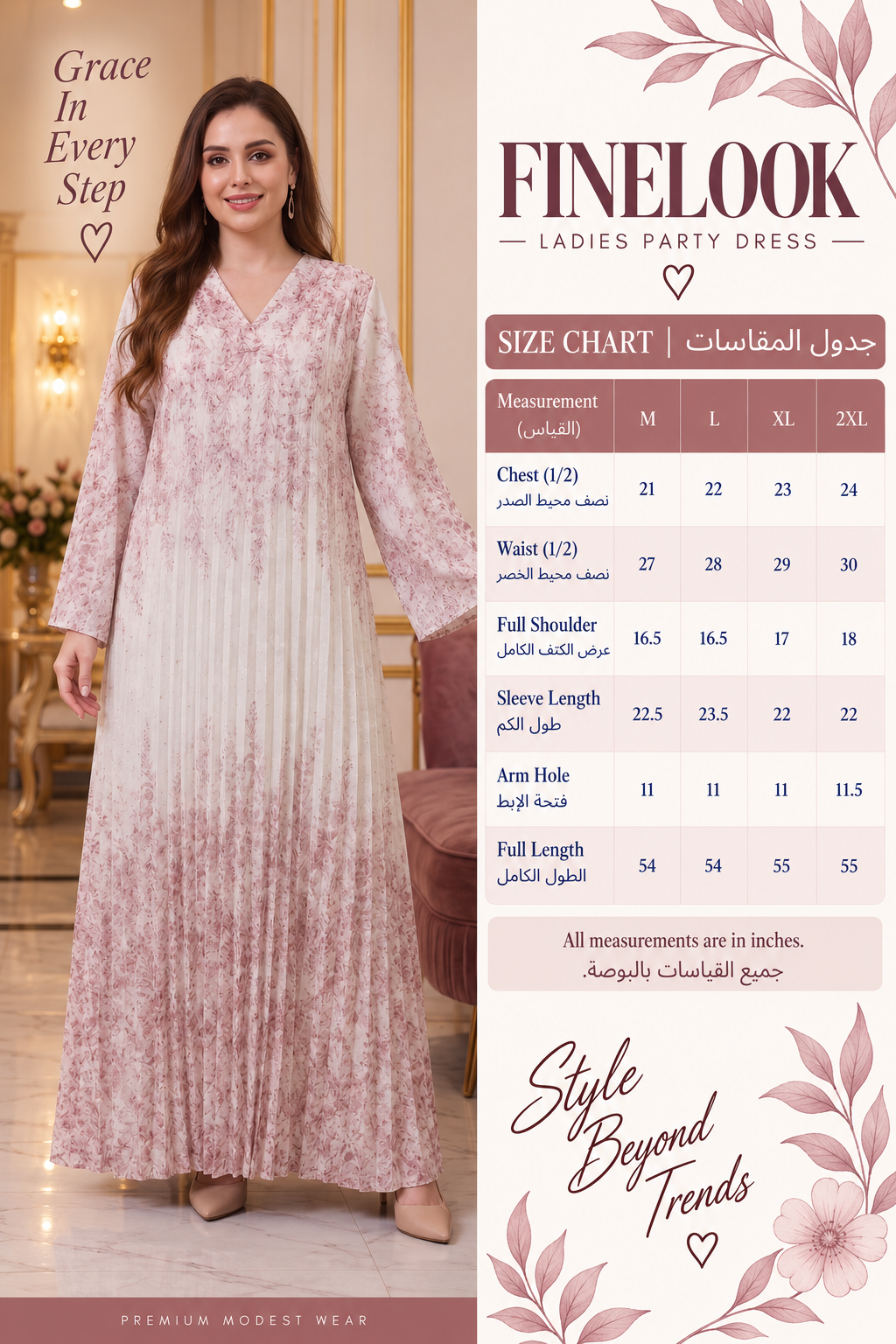 A woman modeling a long, floor-length pink floral party dress in an indoor setting, alongside a size chart table and branding text for FINELOOK Ladies Party Dress.