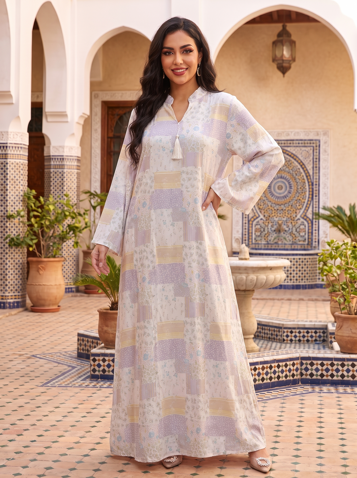 Women’s Patchwork Print Maxi Kaftan Dress – Elegant Long-Sleeve Tassel-Tie Festive Abaya