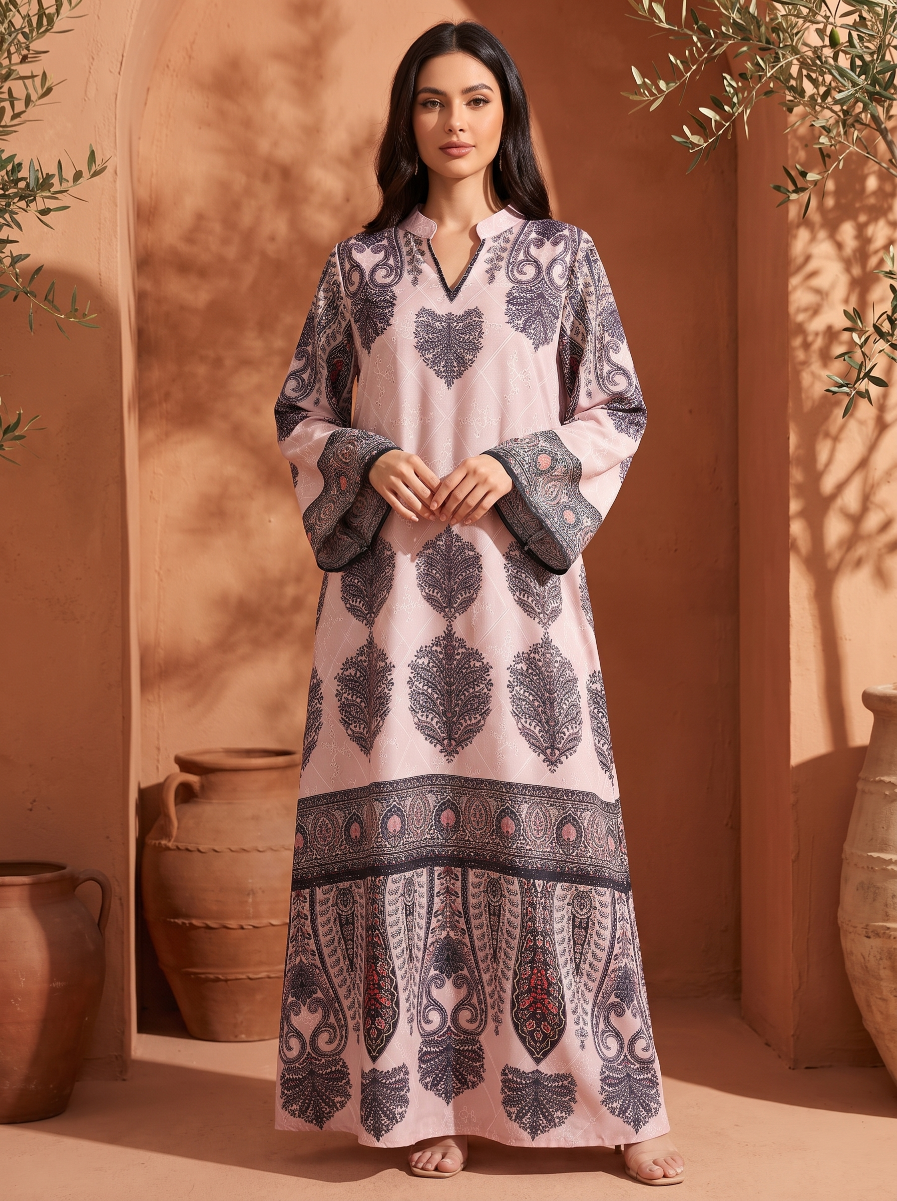 A woman stands outdoors wearing a long light pink kaftan dress with dark gray and black floral motifs and a decorative border. The setting features warm terracotta walls, large clay pots, and leafy branches.