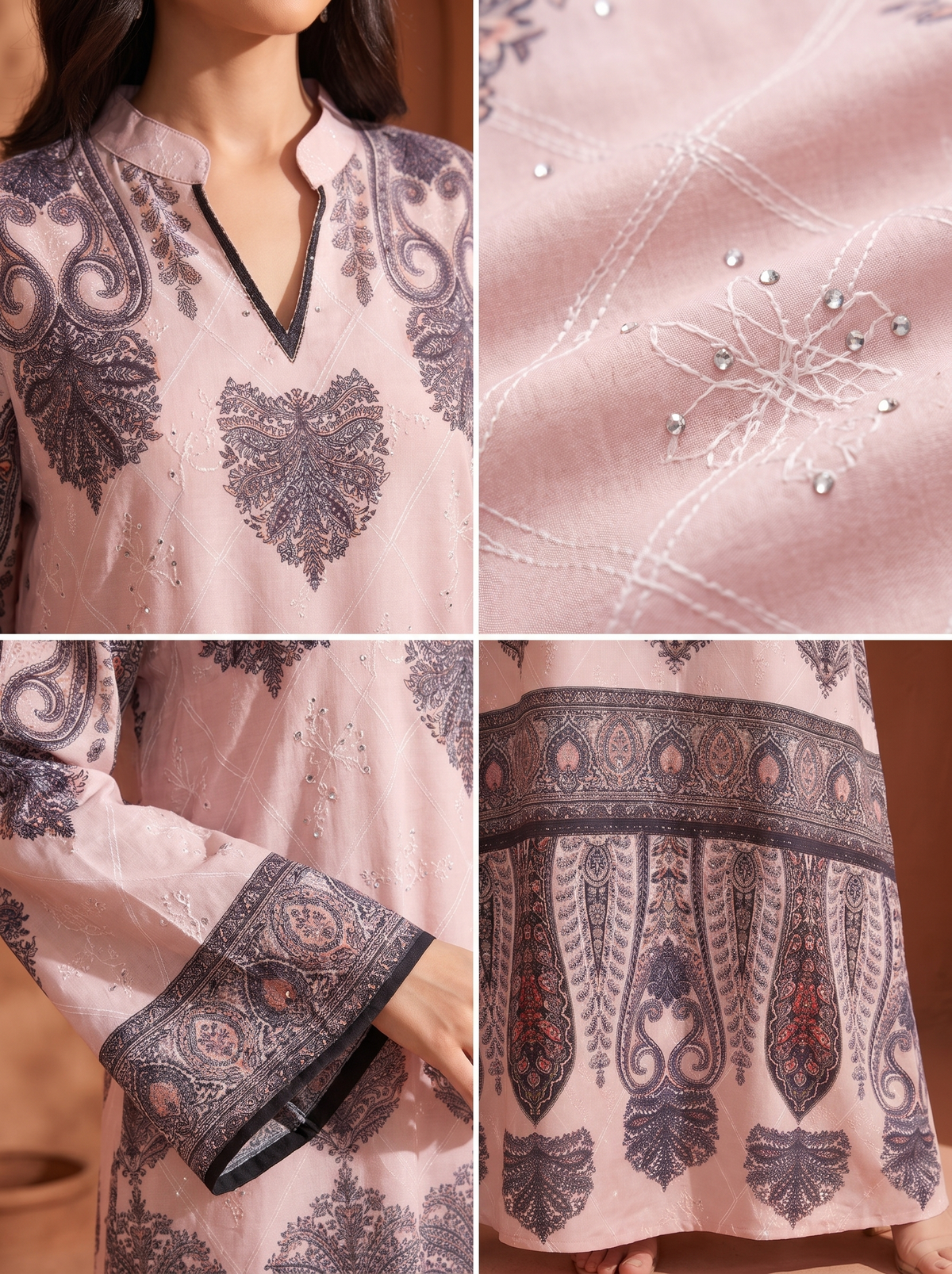 A four-panel close-up collage of a light pink embroidered tunic or kurta. The panels show the neckline with black trim, detailed floral embroidery, embellished rhinestone motifs, a wide decorative border, and a long sleeve with a patterned cuff.