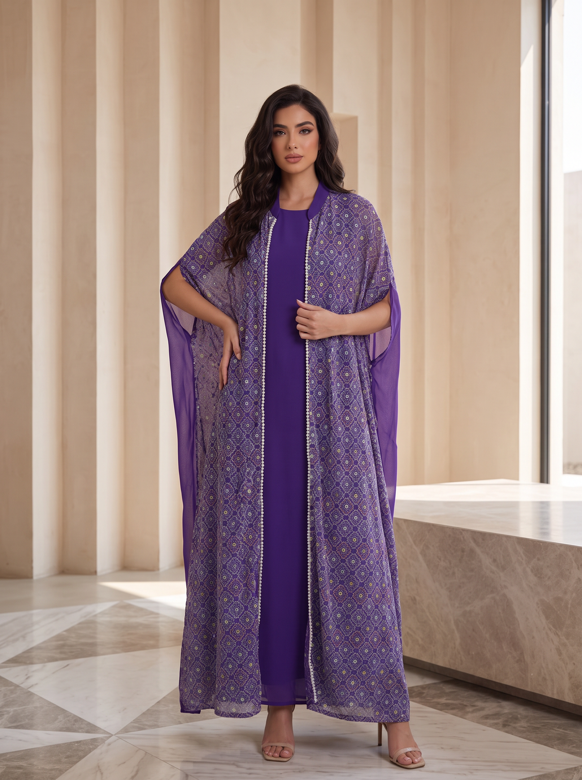 A woman models a purple traditional outfit consisting of a solid purple dress and a matching sheer patterned kaftan, standing in a modern interior with beige columns.