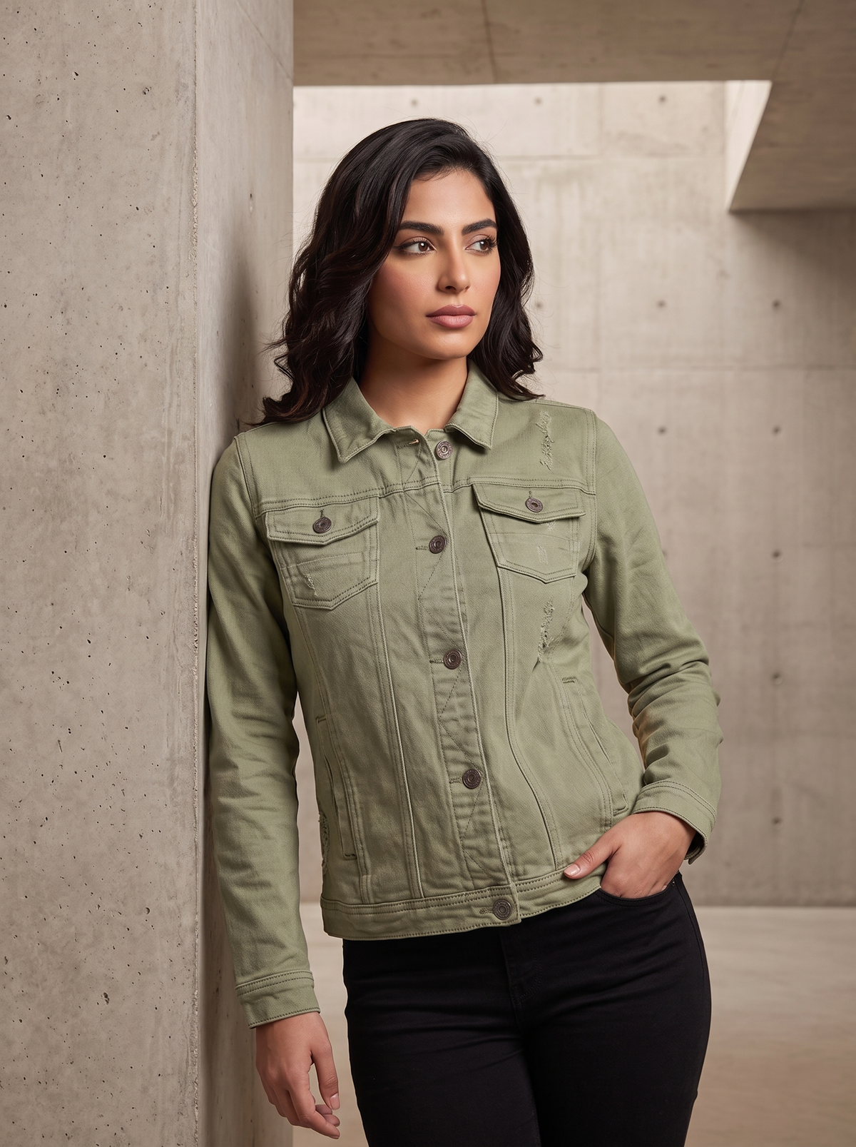 A woman wearing an olive green utility-style denim jacket with dark buttons and flap chest pockets, paired with black pants, standing in a modern concrete architectural setting.