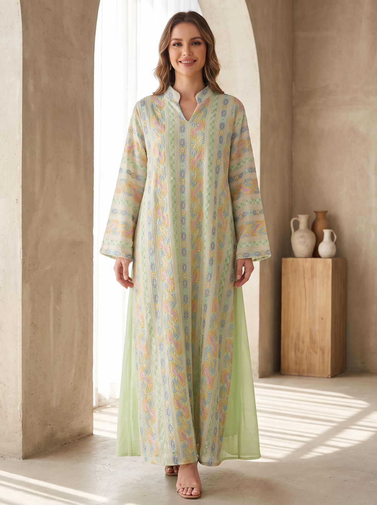 A woman stands in a sunlit interior wearing a long, loose, ankle-length tunic or kaftan dress with vertical multicolor paisley-style stripes and a soft sheer overlay. The garment is pale green with pastel orange, blue, and yellow patterning.
