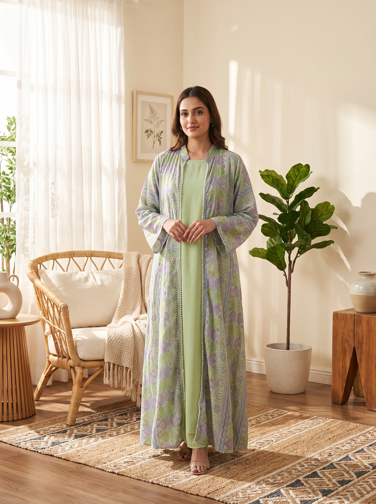 A woman stands barefoot in a sunlit living room wearing a long light green dress with a matching patterned outer layer. The room has cream walls, sheer curtains, a woven chair, a potted plant, and a patterned rug.