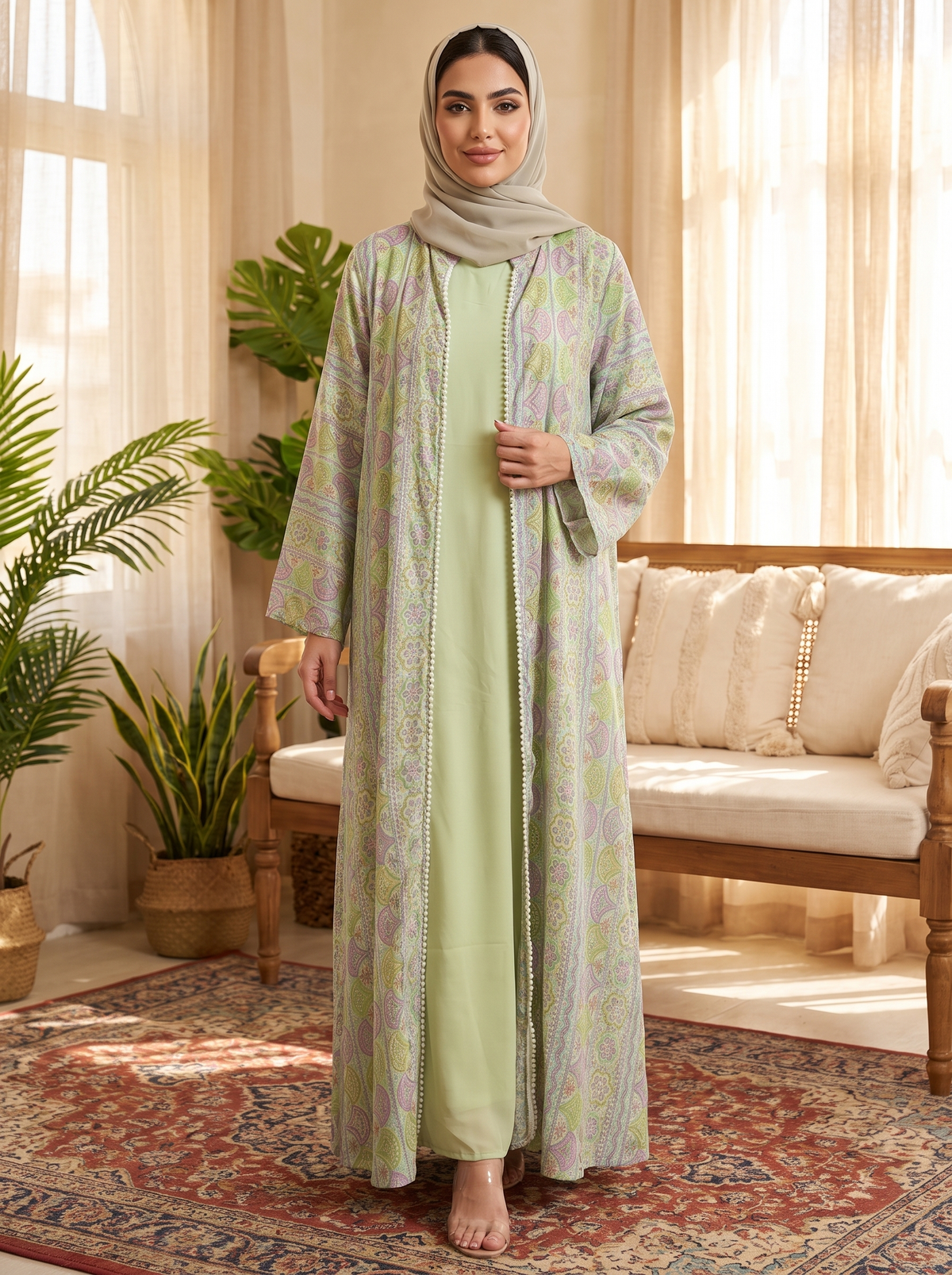 A woman wearing a light sage green abaya with a matching hijab and a long, open-front kaftan jacket featuring a subtle lavender and green paisley pattern, standing in a warm, sunlit living room.