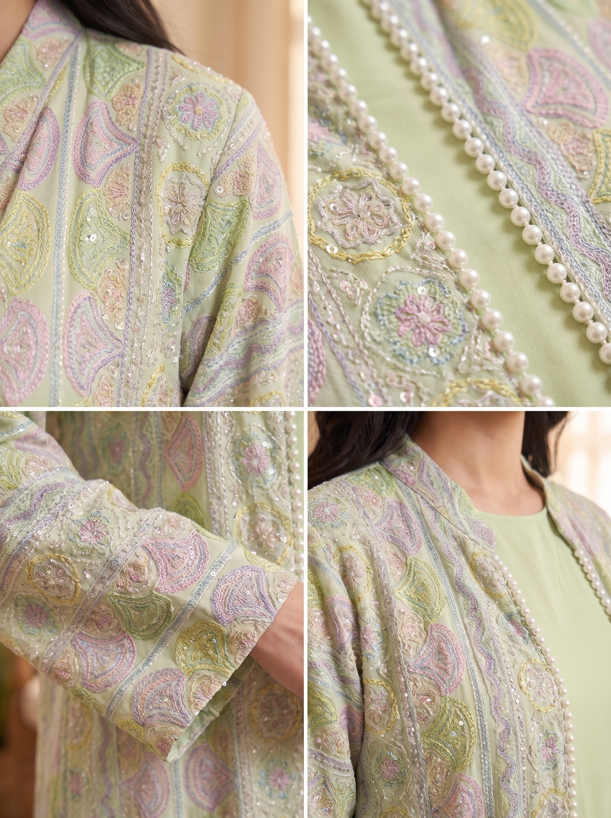 A four-panel close-up collage showing details of a light green embroidered traditional outfit. The panels highlight the intricate paisley and floral embroidery in pastel shades of pink, yellow, and blue, along with decorative pearl bead borders.