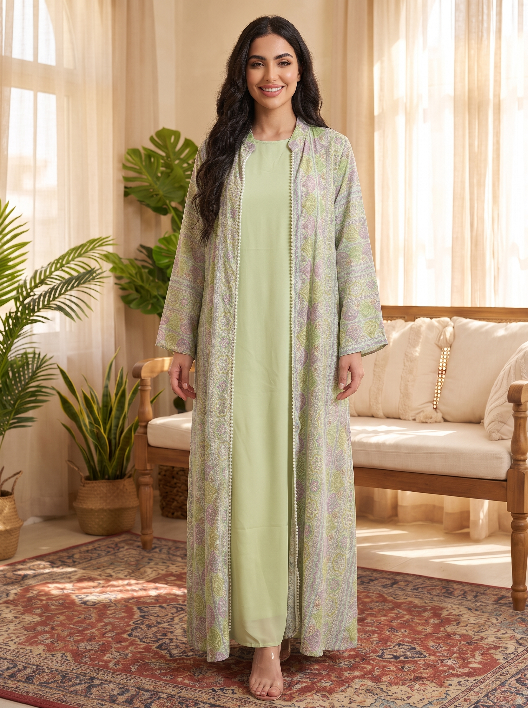 A woman stands barefoot in a sunlit room wearing a long light green dress with a matching open-front kaftan-style outer layer featuring pale green and lavender floral patterns.