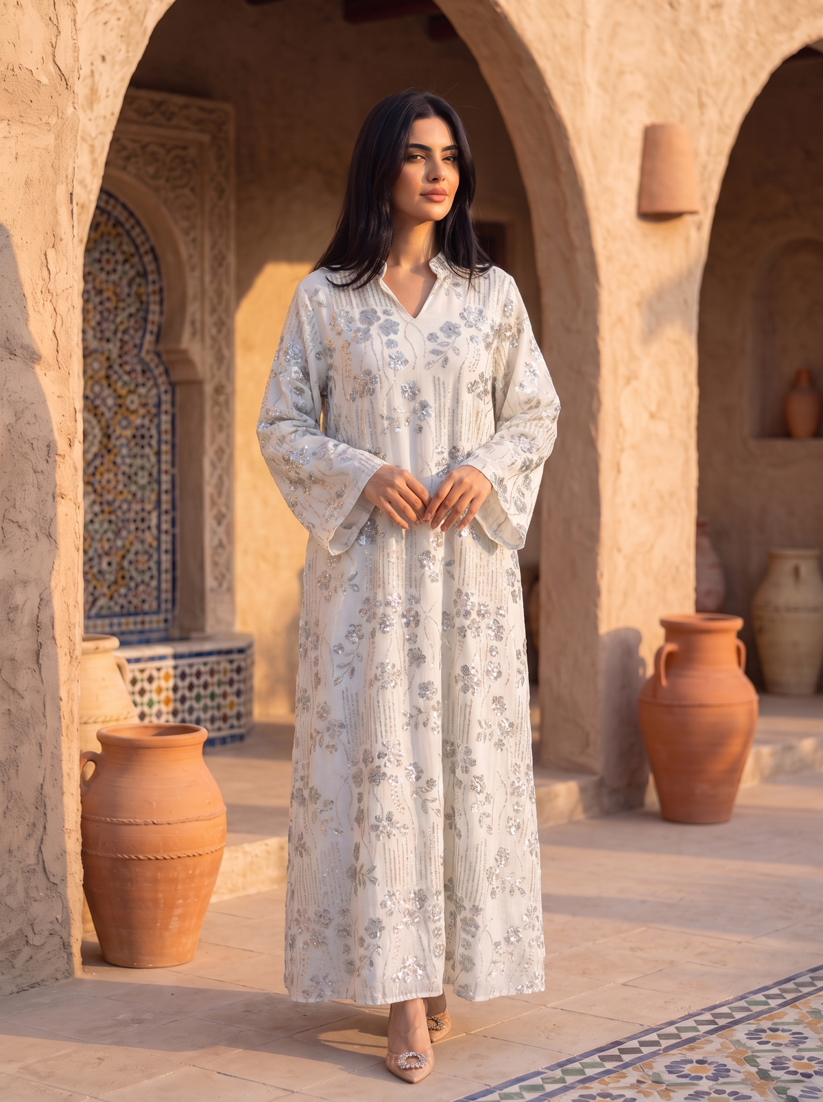 A woman stands in a courtyard with arches and terracotta pots, wearing a long white kaftan dress with a light blue floral pattern. The scene is lit by warm golden sunlight.