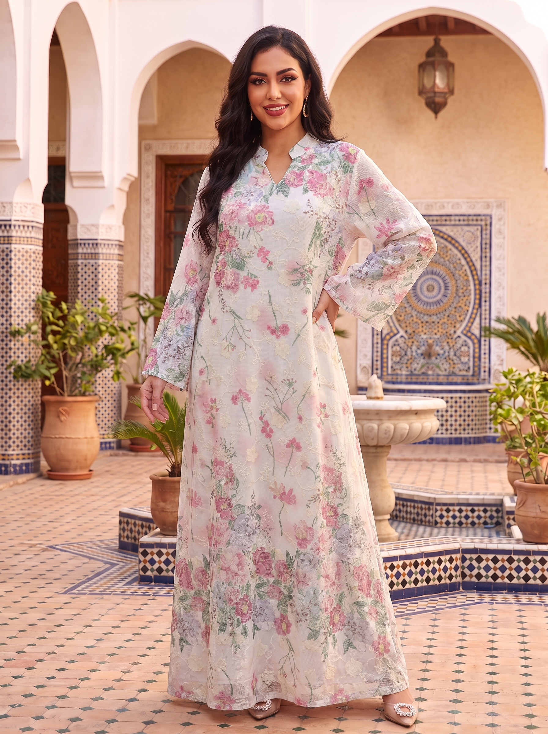 A woman stands in a Moroccan courtyard wearing a long-sleeved, floor-length kaftan dress with a delicate pink and green floral print on a cream-colored base. The background features white arches, tiled walls, and potted plants.