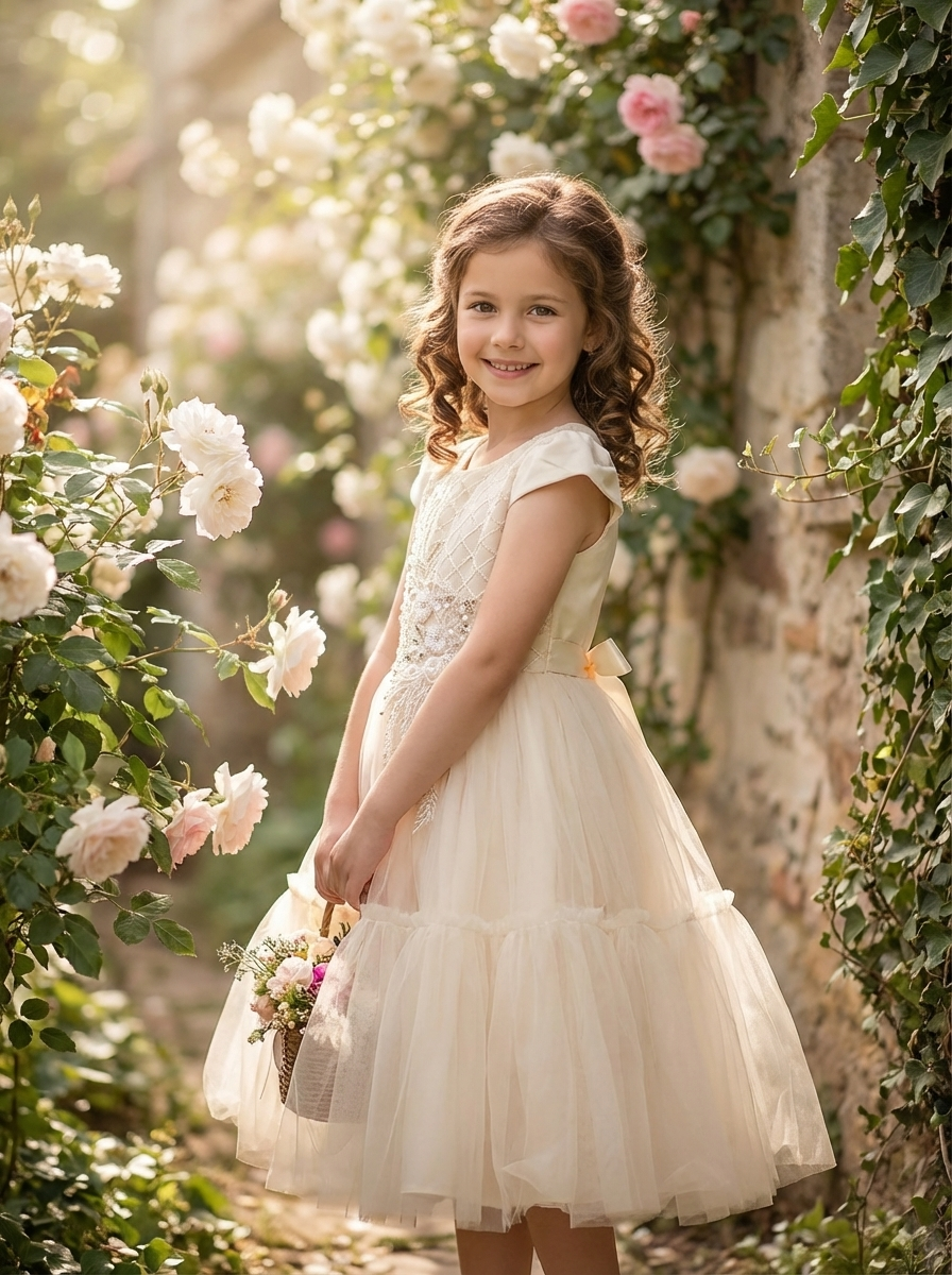 Girls Elegant Party Dress – Cream Embroidered Princess Dress For Special Occasions