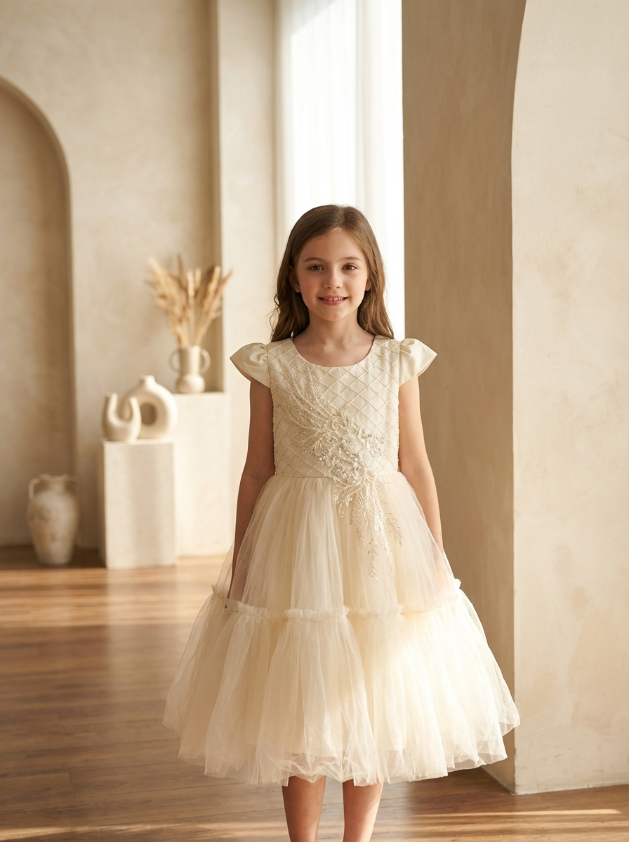 Girls Elegant Party Dress – Cream Embroidered Princess Dress For Speci – FineLook