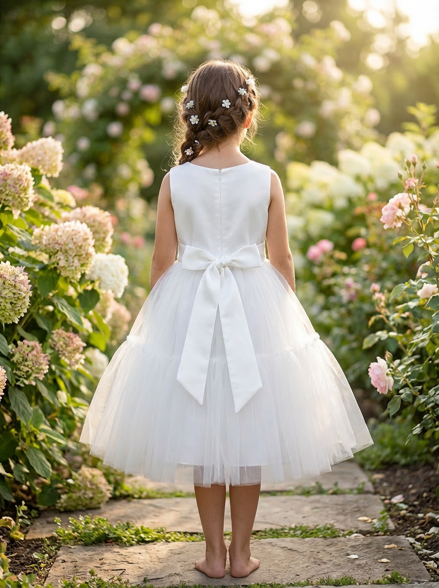 Young girl in a white dress standing in a garden with flowers around her.