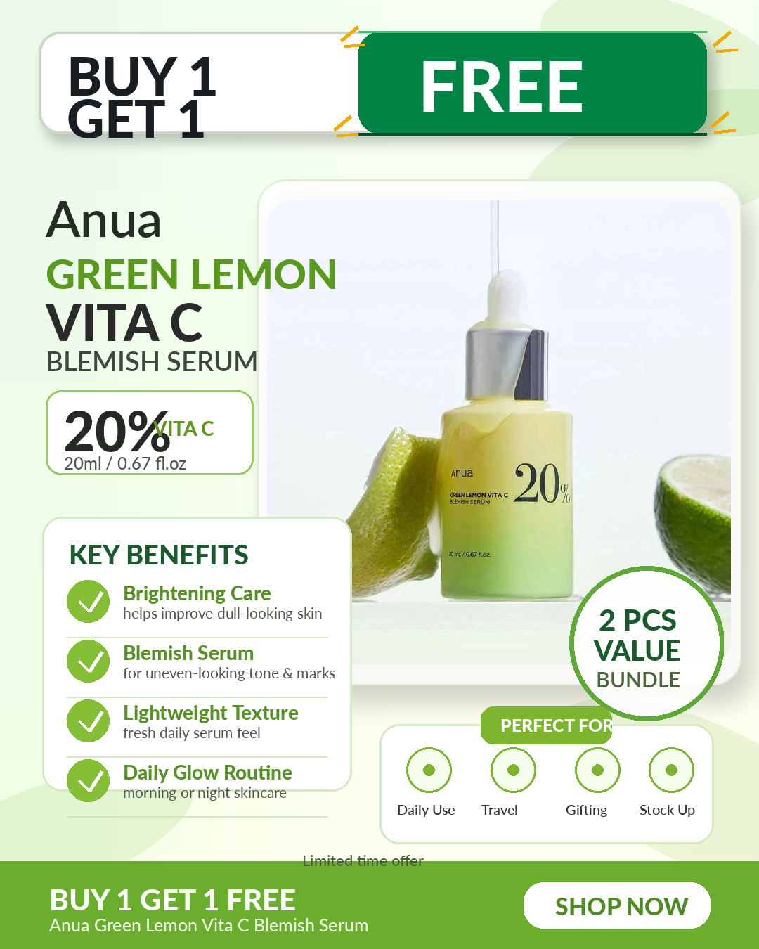 Anua Green Lemon Vita C Blemish Serum 20ml – Buy 1 Get 1 Free Bundle