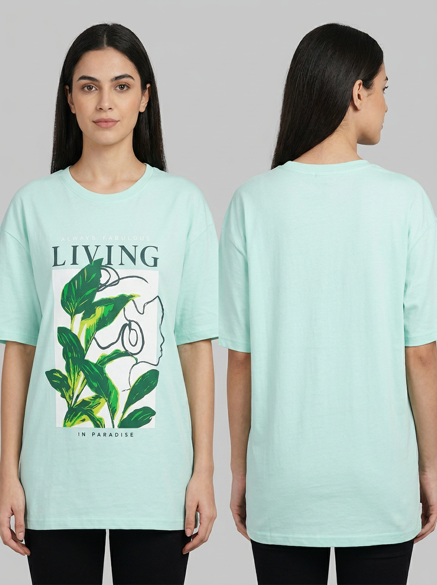 blue-Women's Oversized Graphic Tee – "Living in Paradise" Edition
