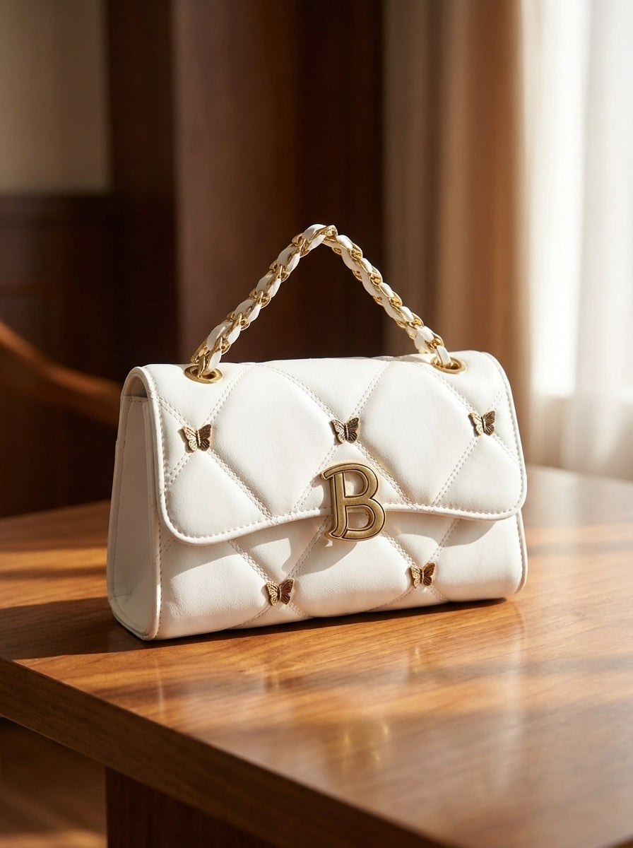 Luxury Quilted Pu Leather Shoulder Bag – Women’s Chain Crossbody Purse with Gold B Logo & Butterfly Accents