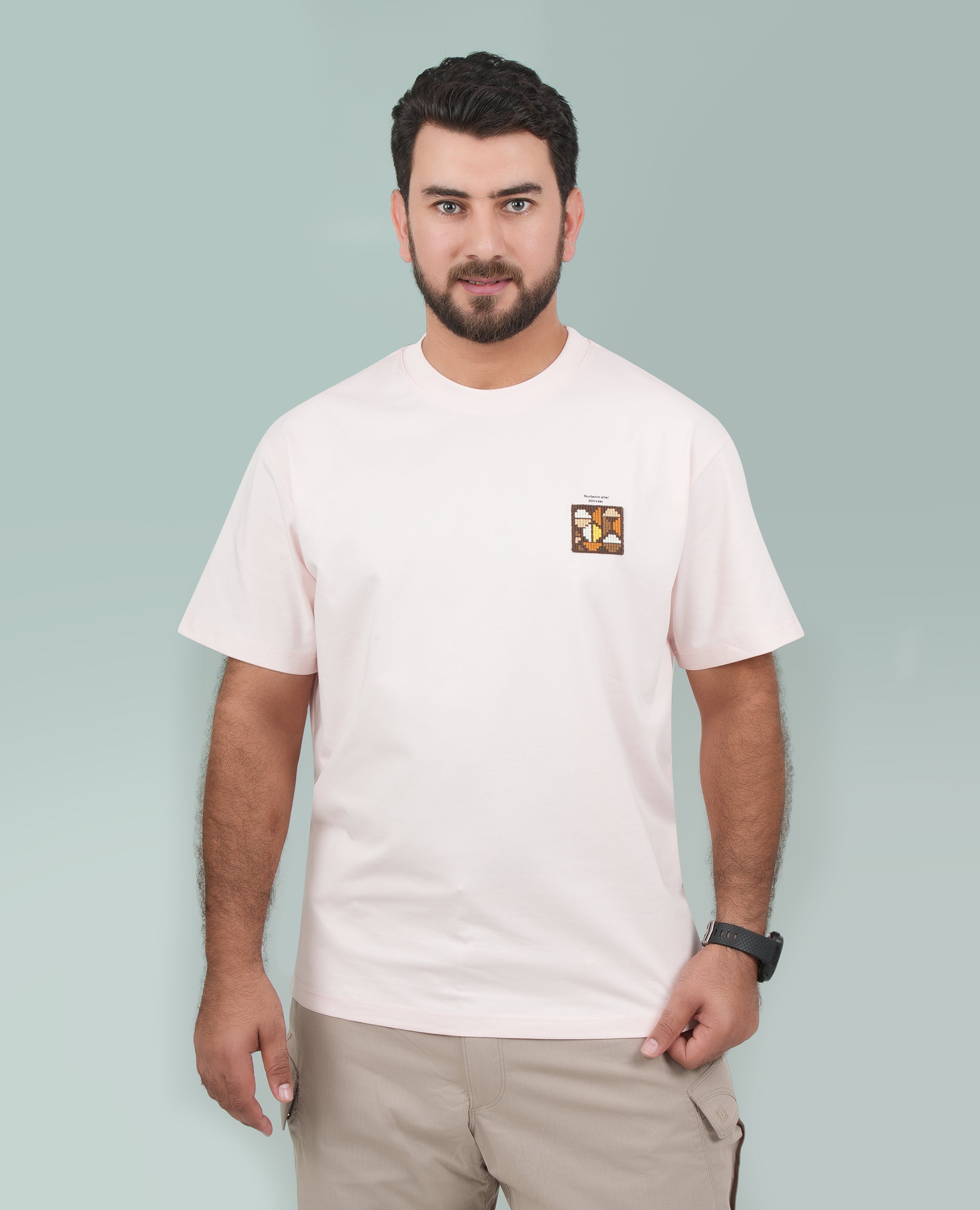 Men’s Solid T-Shirt – Cross-Stitch Pattern with Minimal Front & Back Text.