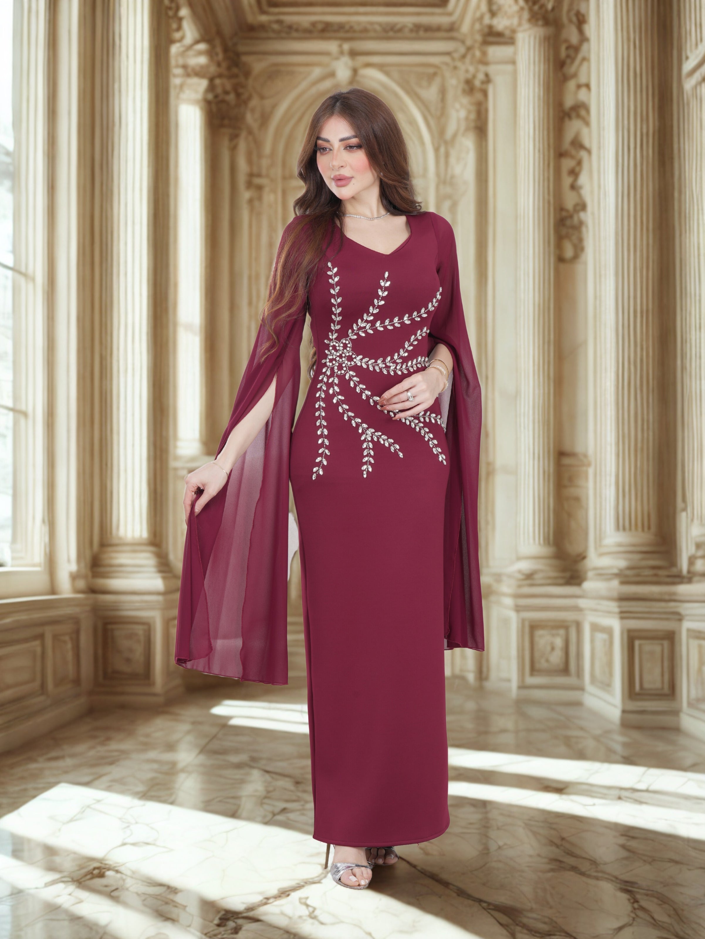 Luxury Evening Gown with Flowing Cape Sleeves