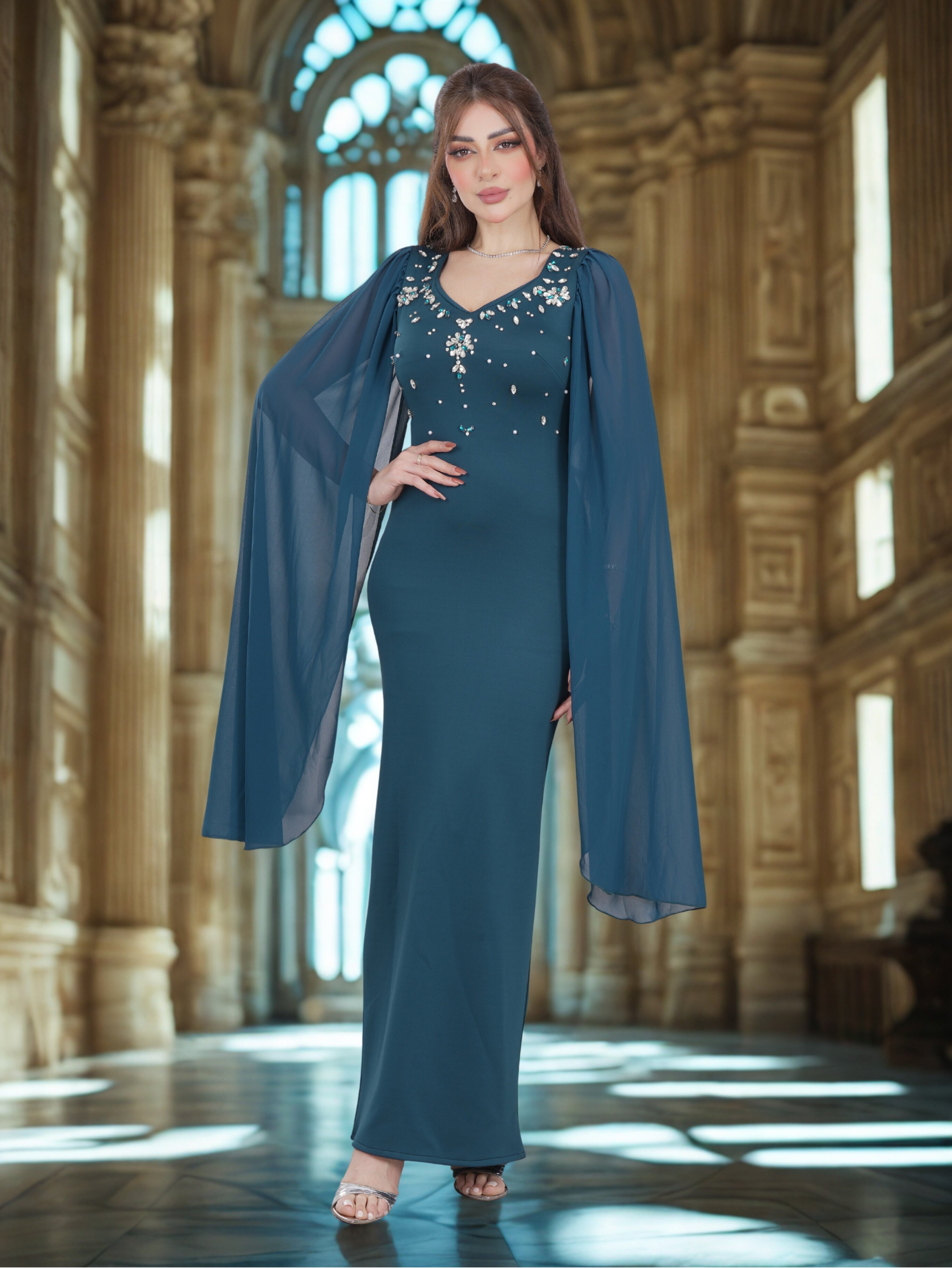 Elegent Evening Gown with Flowing Cape Sleeves